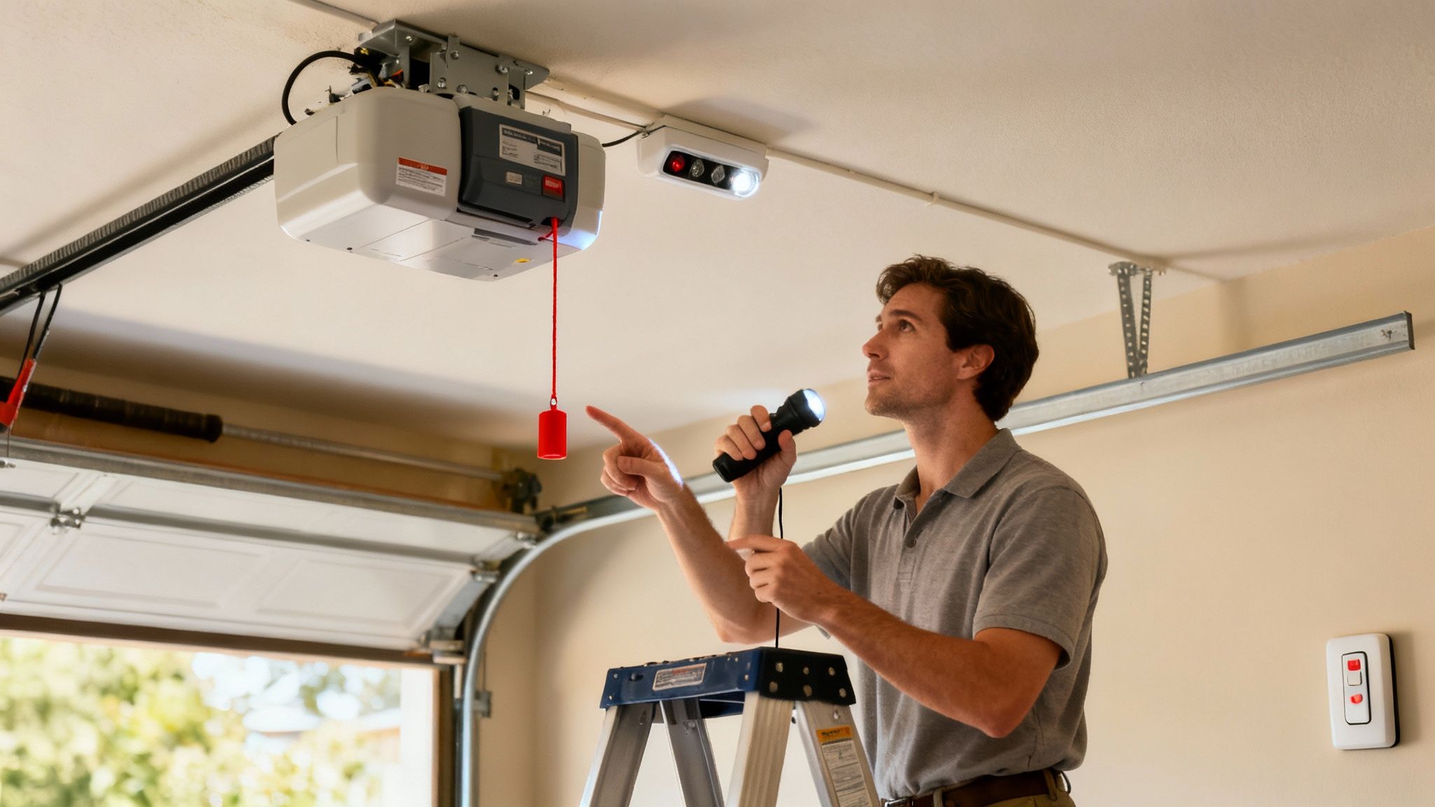 Man on a ladder troubleshooting a garage door opener system with a flashlight.