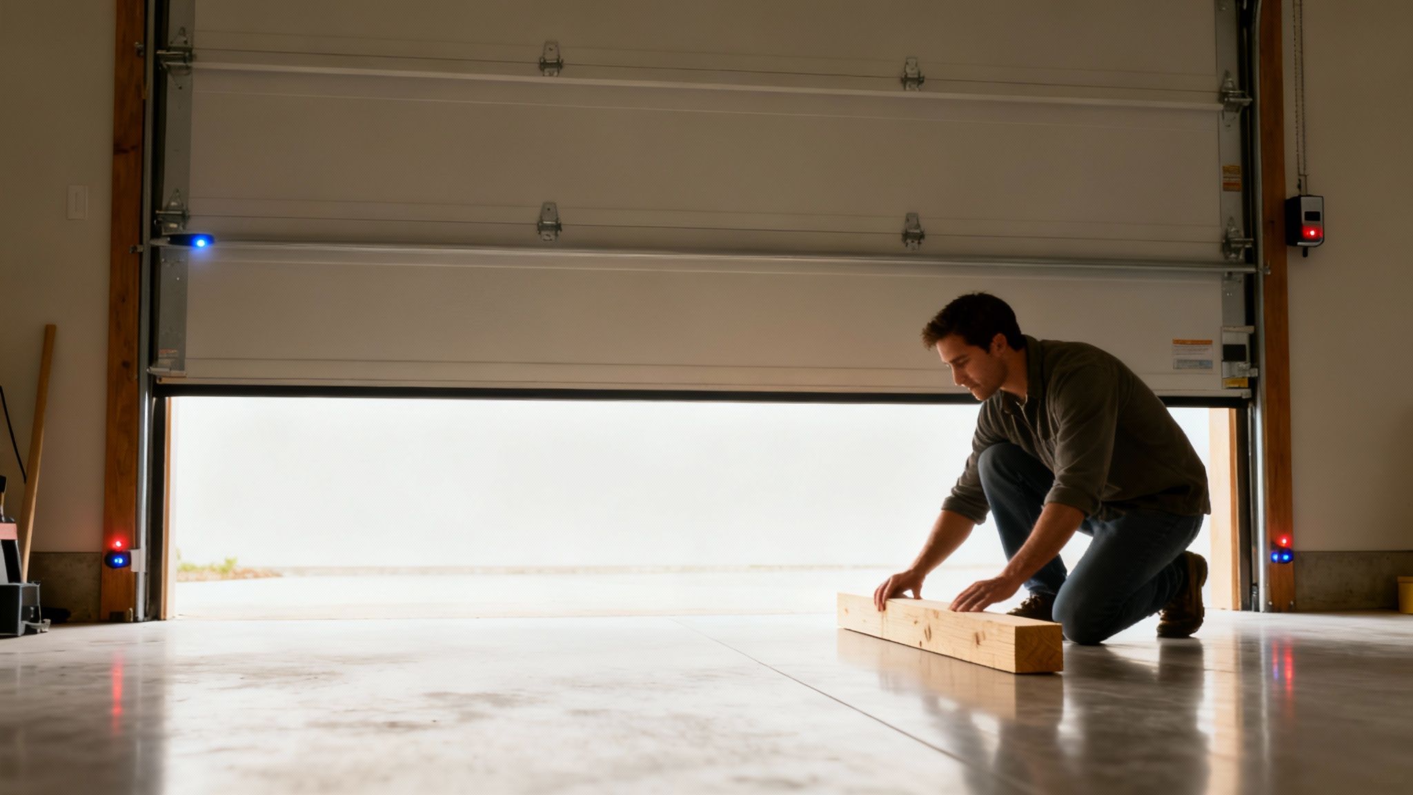 A technician inspecting the safety sensors of a garage door.