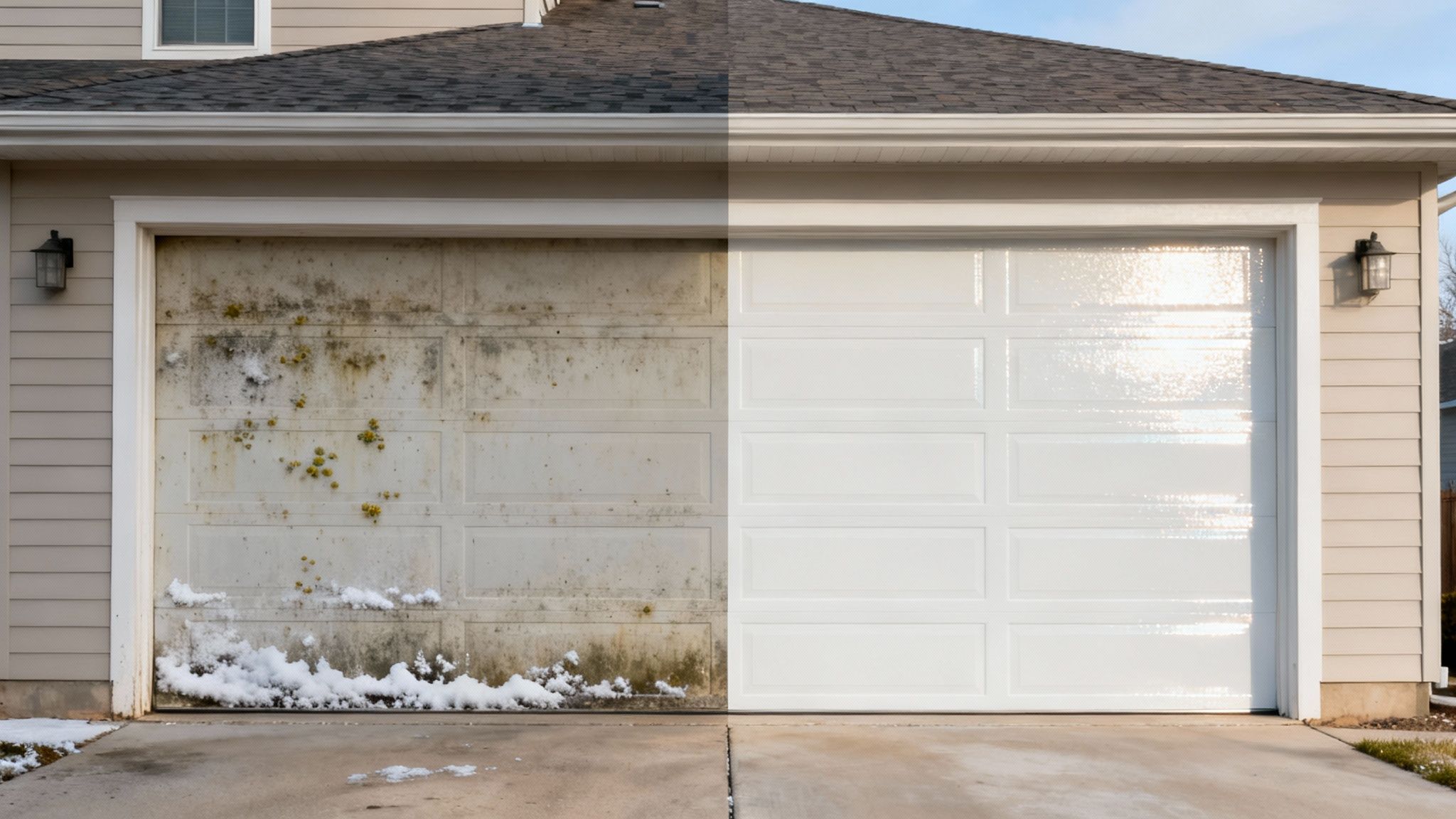 Split image of a garage door, showing a dirty, moldy half and a clean, sparkling white half.