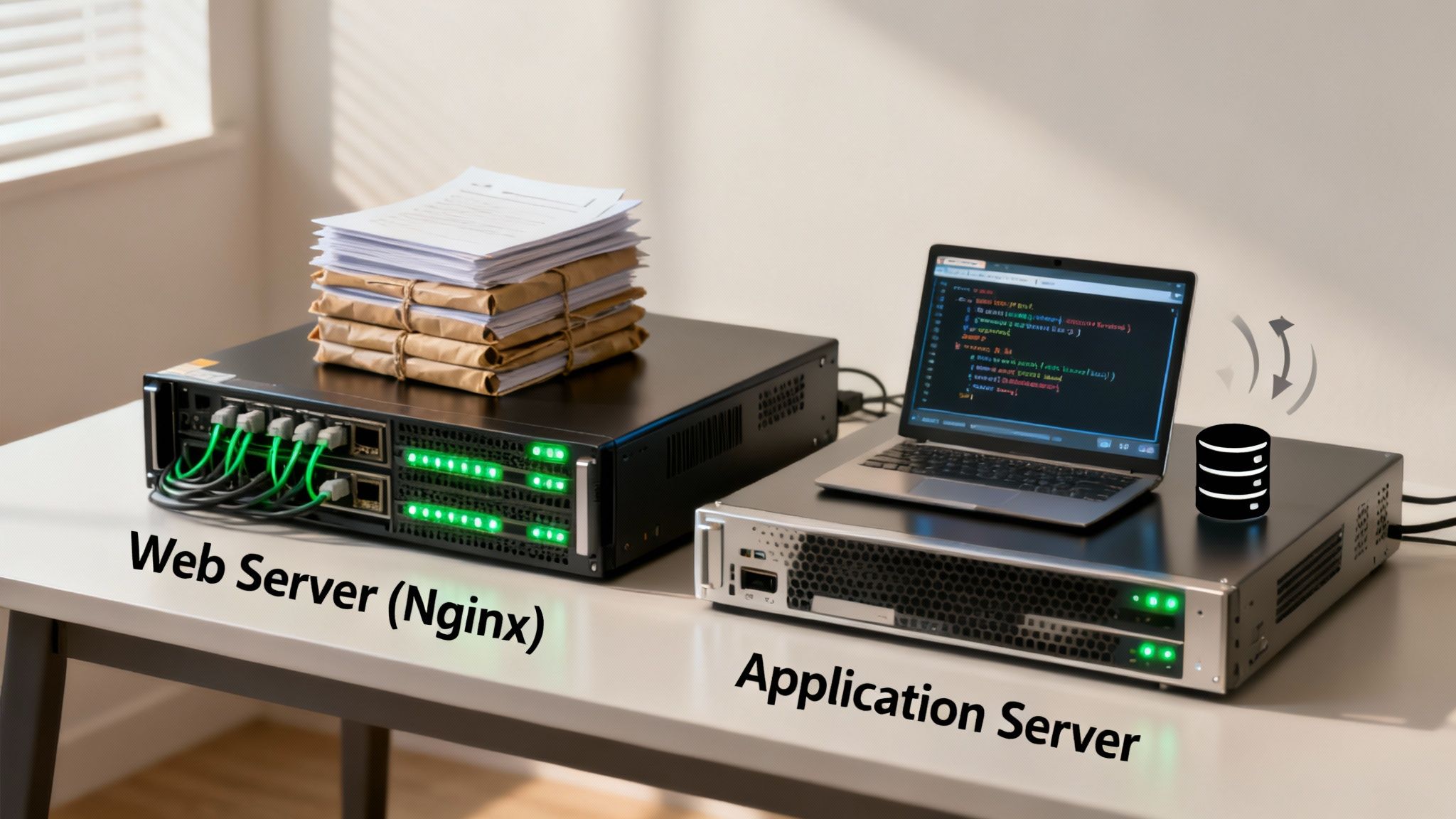 Two server racks labeled Web Server (Nginx) and Application Server on a desk with a laptop and documents.