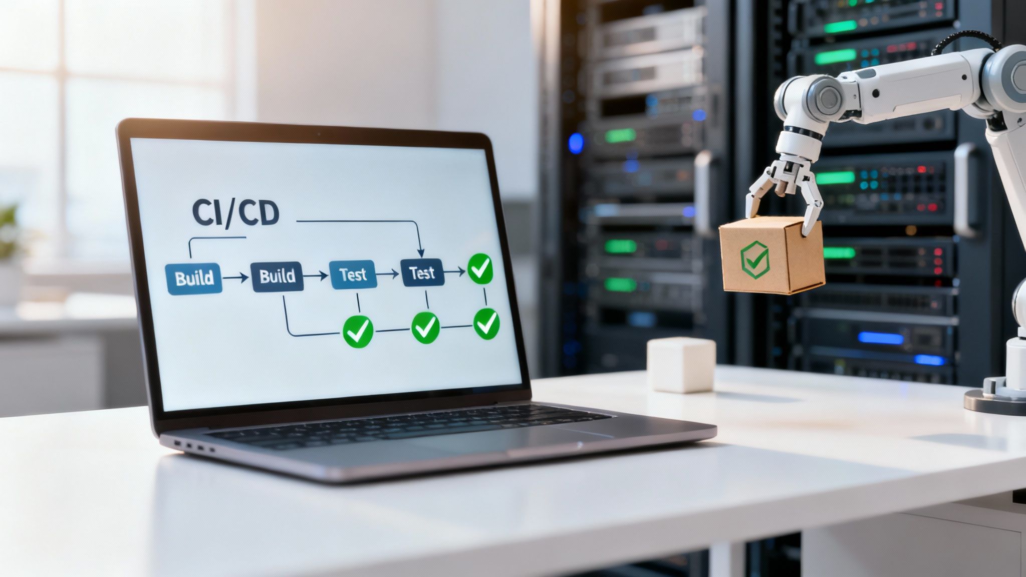 CI/CD pipeline on a laptop screen, with a robot arm holding a 'passed' package.