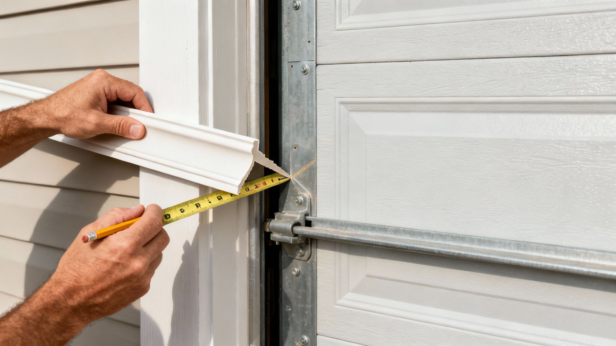 Person measures white trim molding with a tape measure for garage door installation.