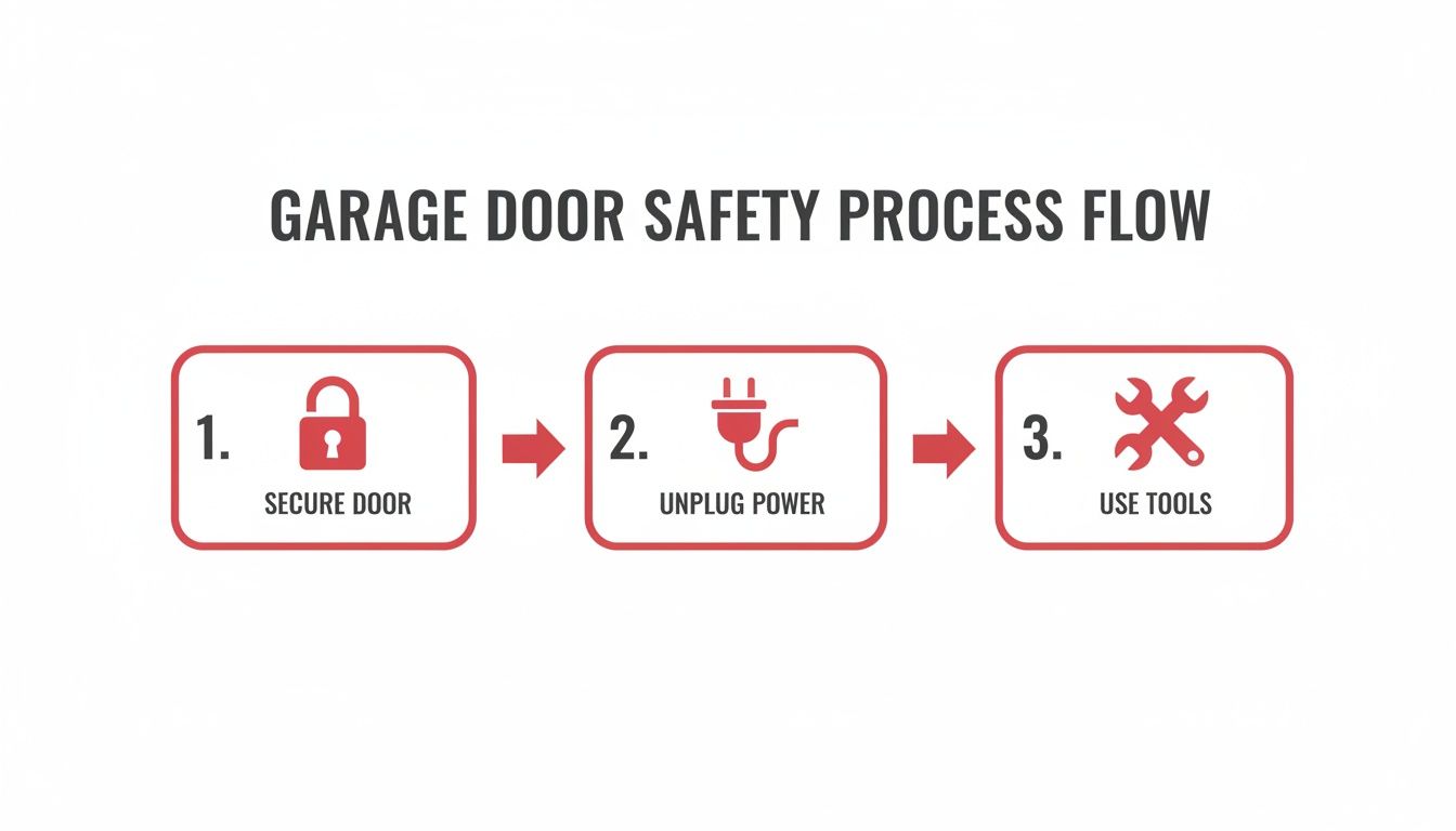 A diagram illustrating the garage door safety process flow with three steps: secure door, unplug power, and use tools.