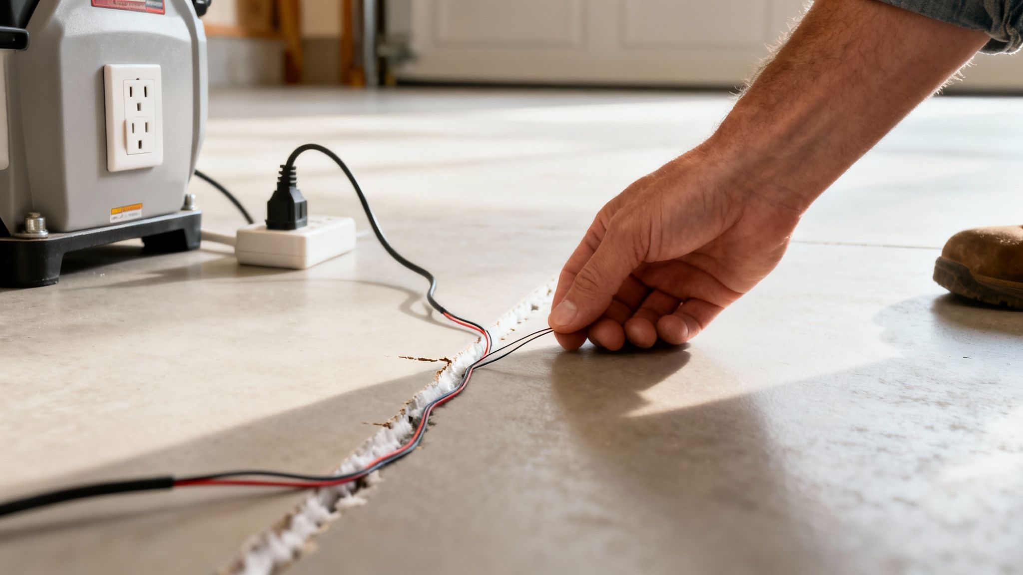 A person's hand installs LED strip lights into a floor crack, powered by an outlet.