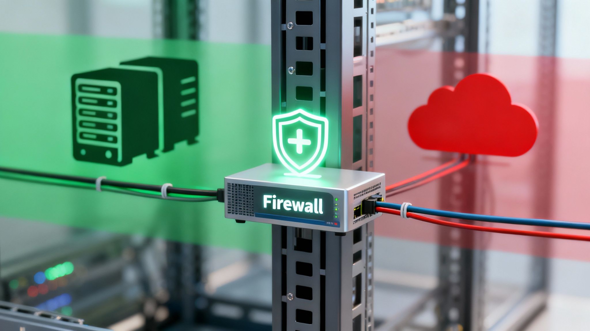 A network firewall device protects servers on a left (green zone) from a red cloud on the right, symbolizing data security.