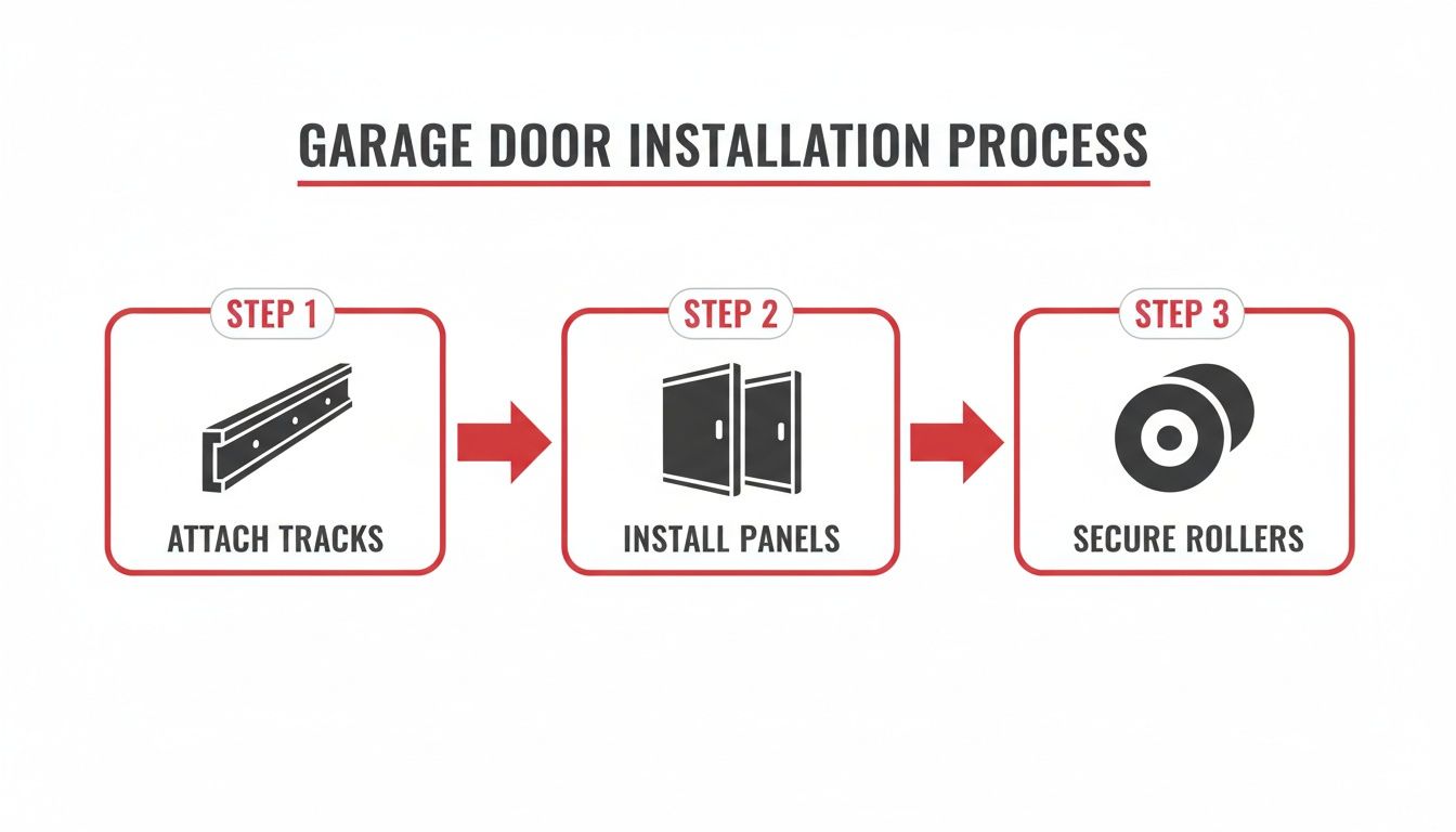 A diagram illustrating the garage door installation process, detailing steps for attaching tracks, installing panels, and securing rollers.