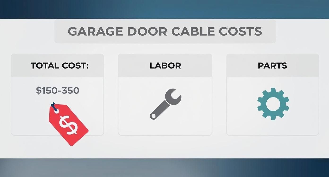 Infographic detailing garage door cable replacement costs, showing total cost, labor, and parts.