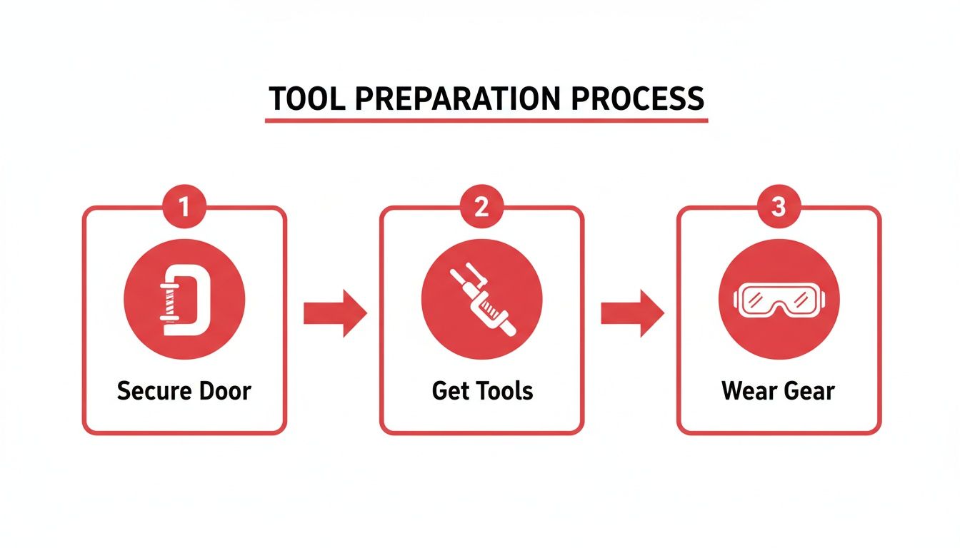 A three-step tool preparation process showing securing a door, getting tools, and wearing safety gear.