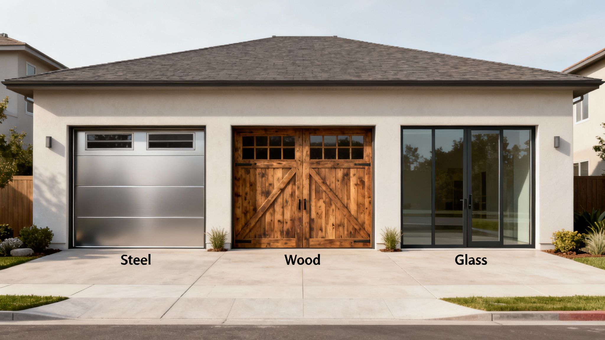 Three distinct garage door styles—steel, wood, and glass—showcased on a modern house facade.