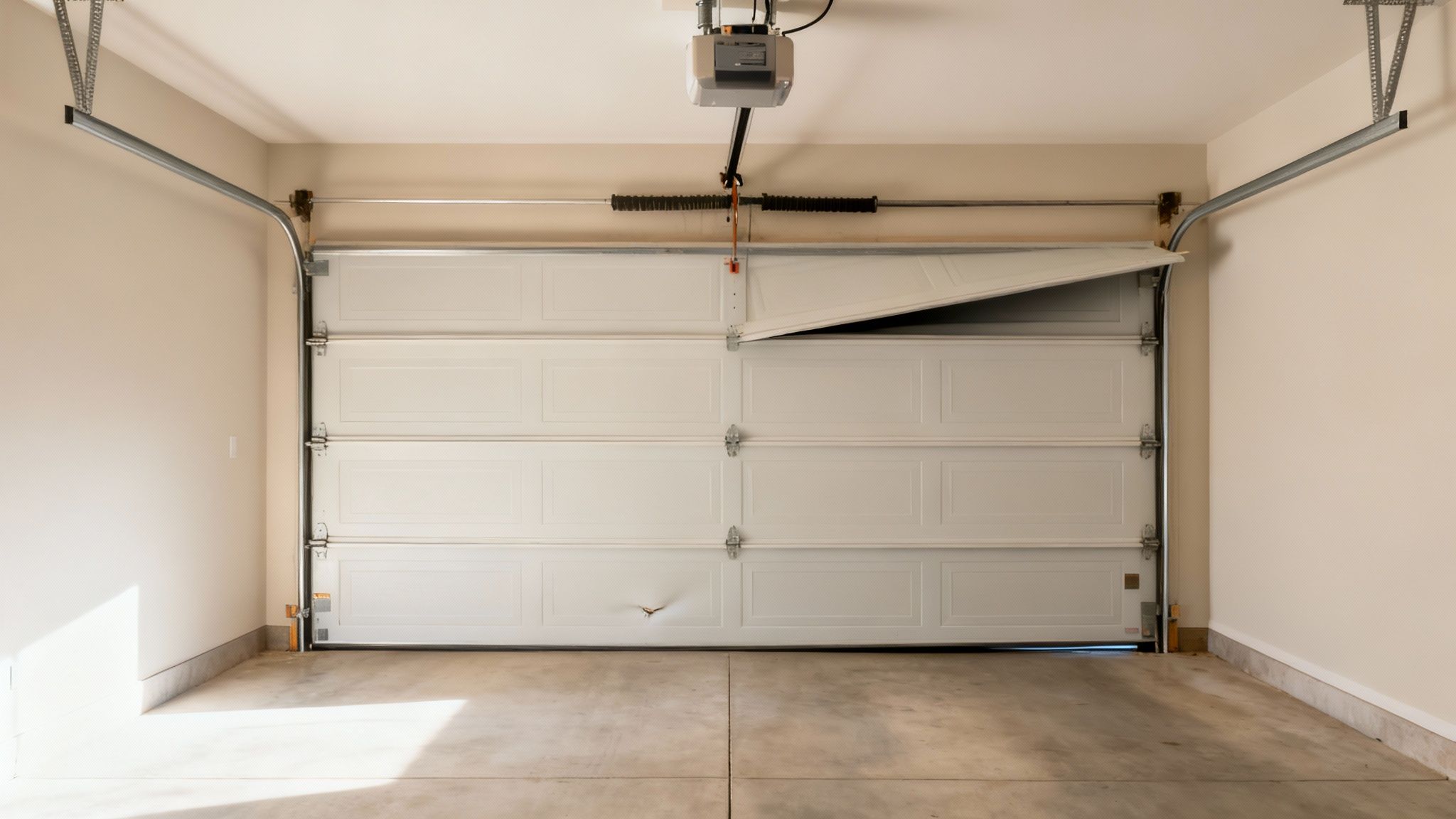 A damaged white garage door with its top panel bent and a noticeable dent on a lower panel.
