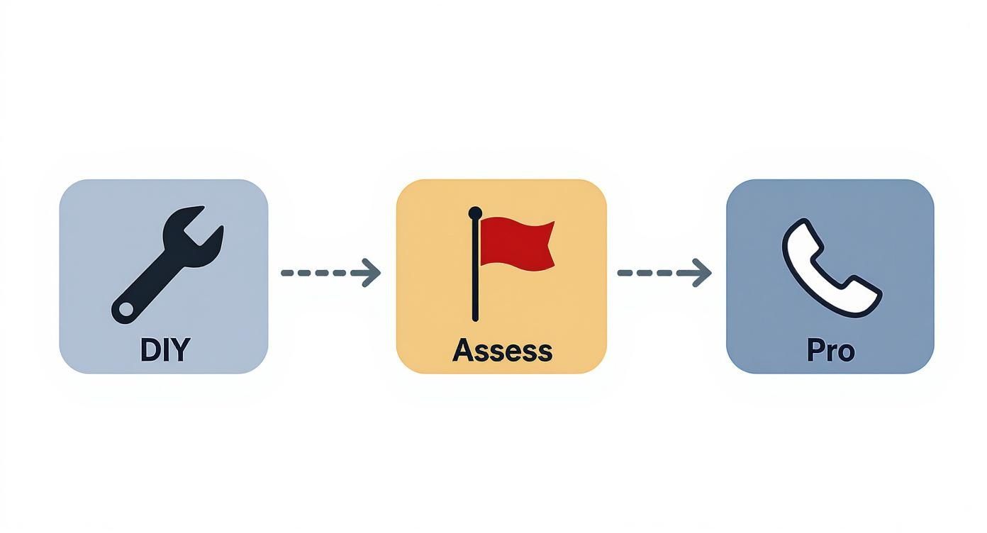 A three-step workflow: DIY with a wrench, Assess with a flag, and Pro with a phone.