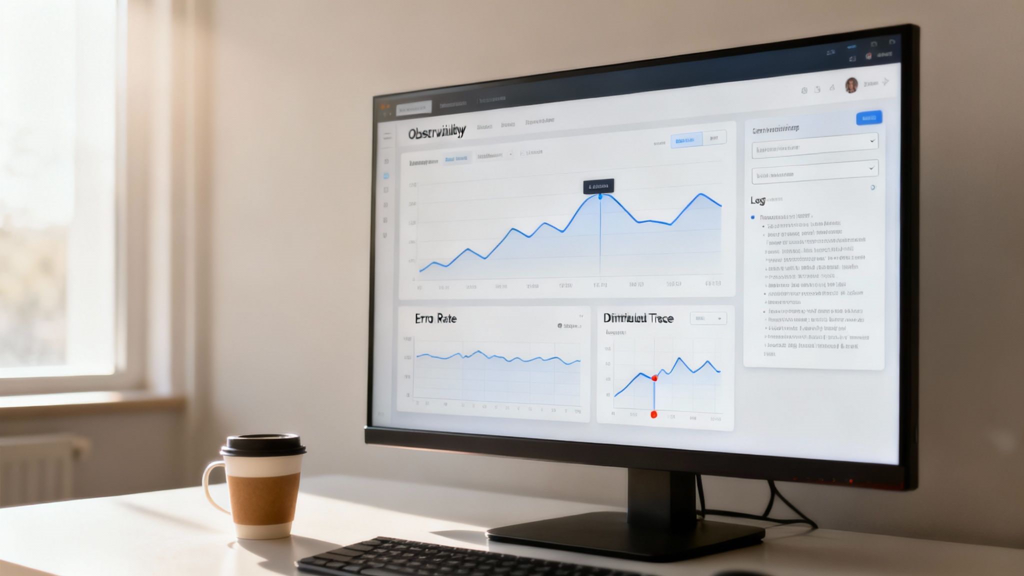 A computer monitor displays an observability dashboard with performance metrics, graphs, and logs, next to a coffee cup.