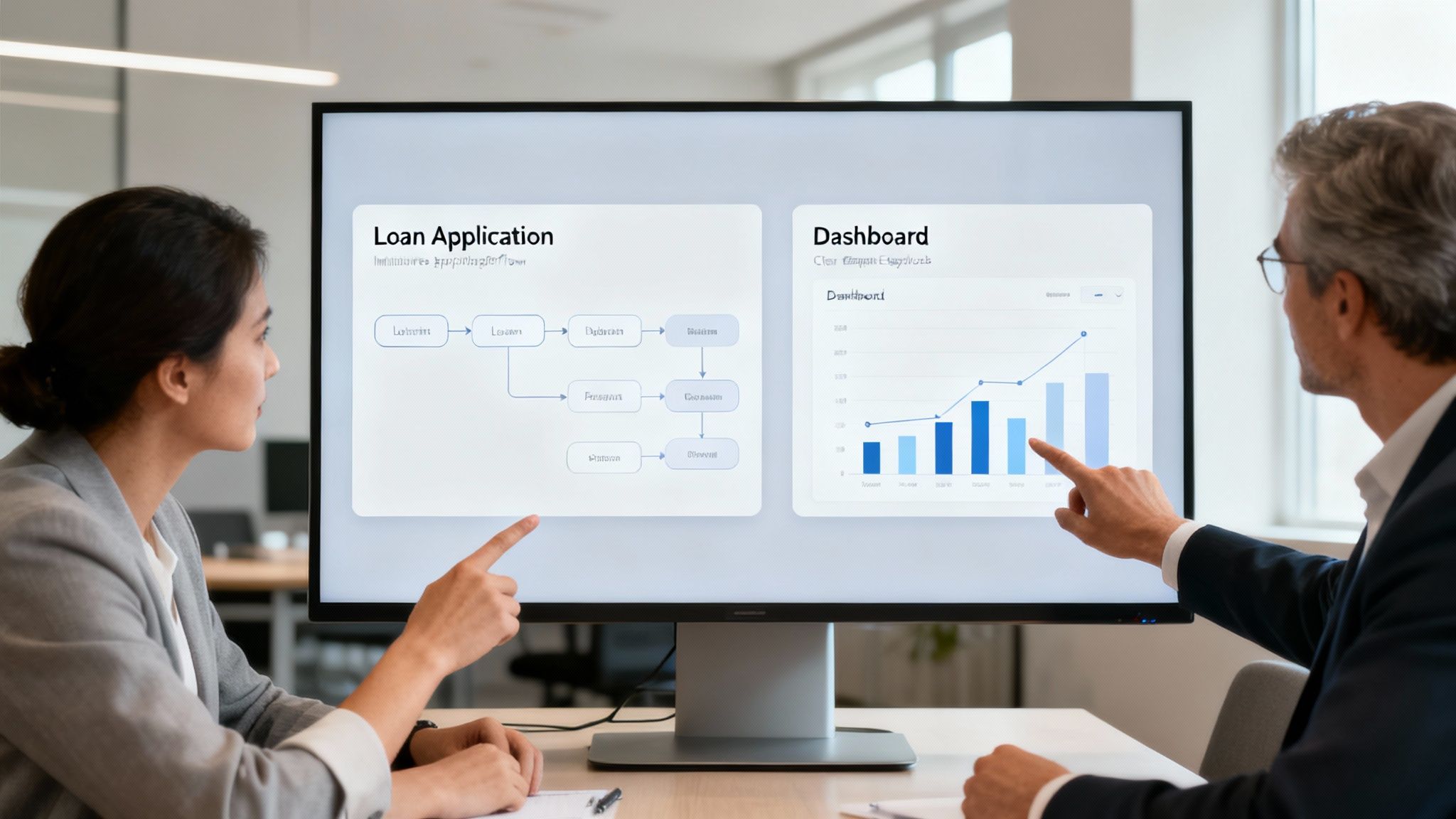 Two business professionals analyze a loan application workflow and data dashboard on a large screen.