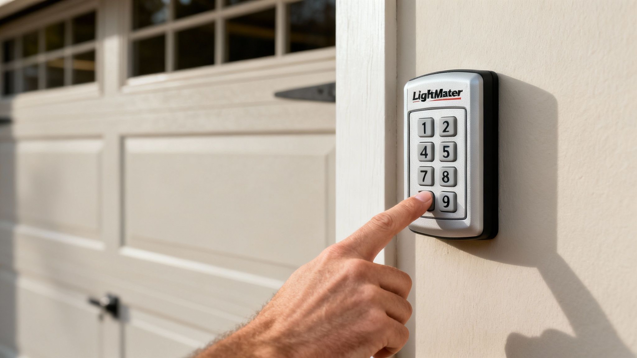 A person's hand presses a button on a LiftMaster garage door keypad next to a garage.