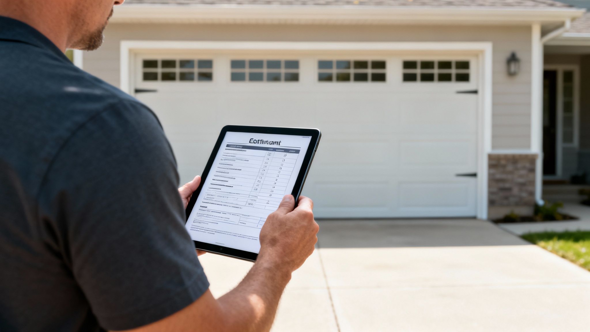 A person holds a tablet displaying an estimate in front of a house with a white garage door.