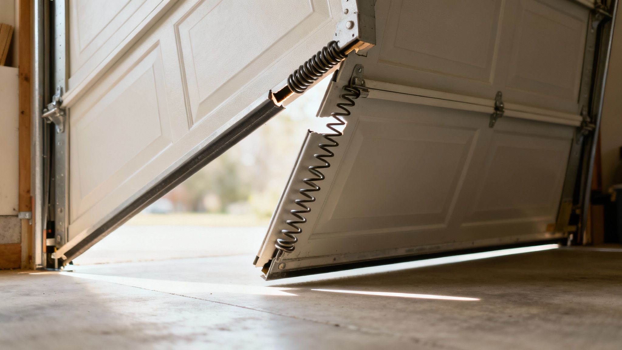 A close-up of a rusty garage door spring, showing signs of wear and tear.