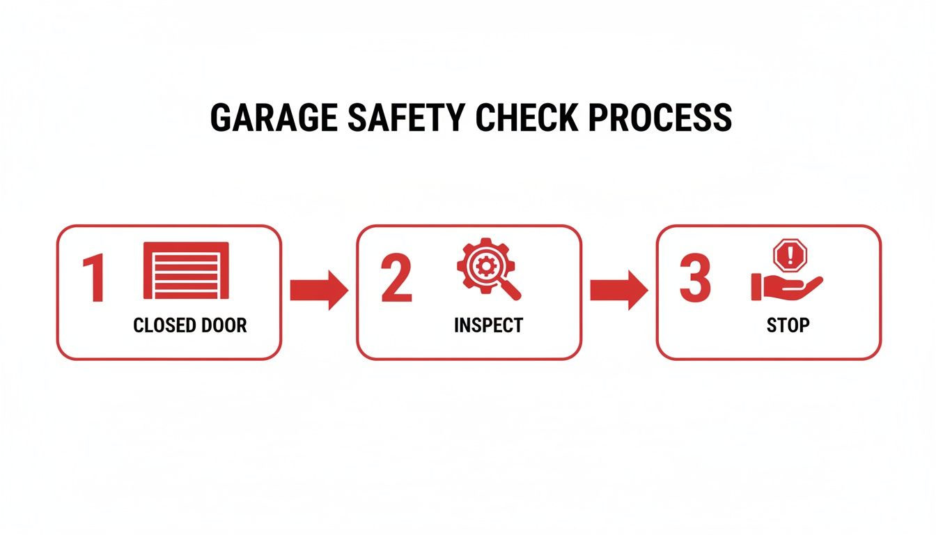 A diagram illustrating a three-step garage safety check process: closed door, inspect, and stop.
