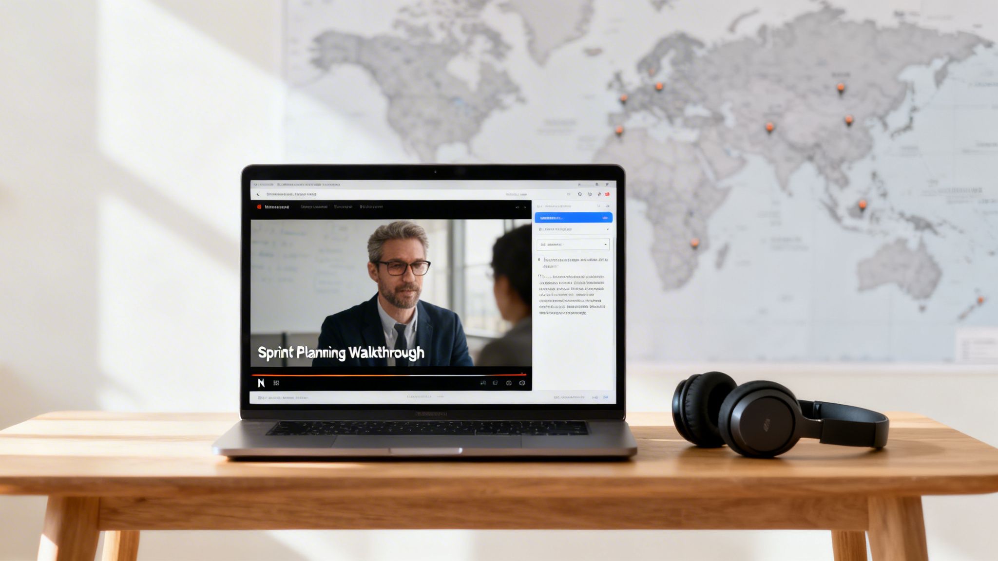 A laptop displays a "Sprint Planning Walkthrough" video with a man, next to black headphones on a wooden desk.