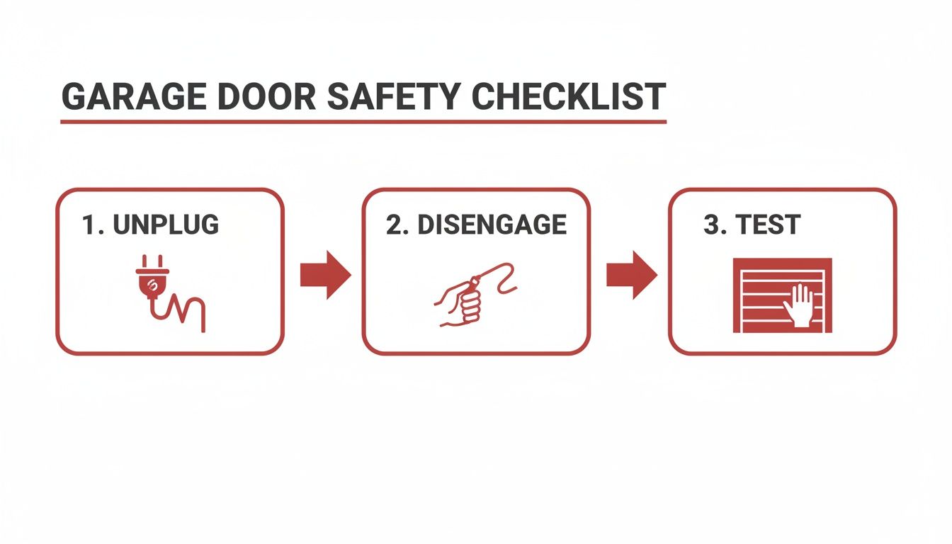 A garage door safety checklist with three steps: unplug, disengage, and test the door.