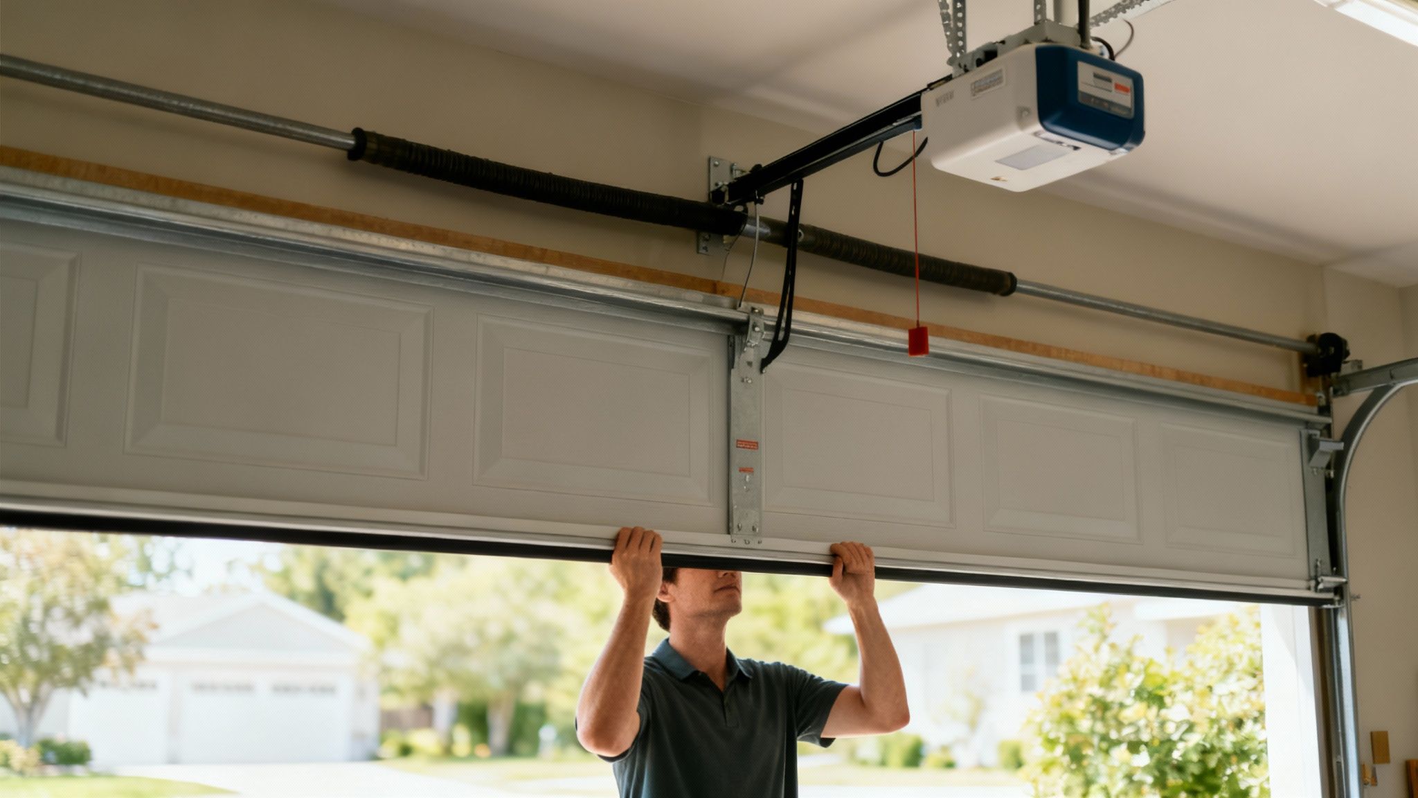 Professional technician adjusting garage door opener mechanism and tension spring system from inside garage