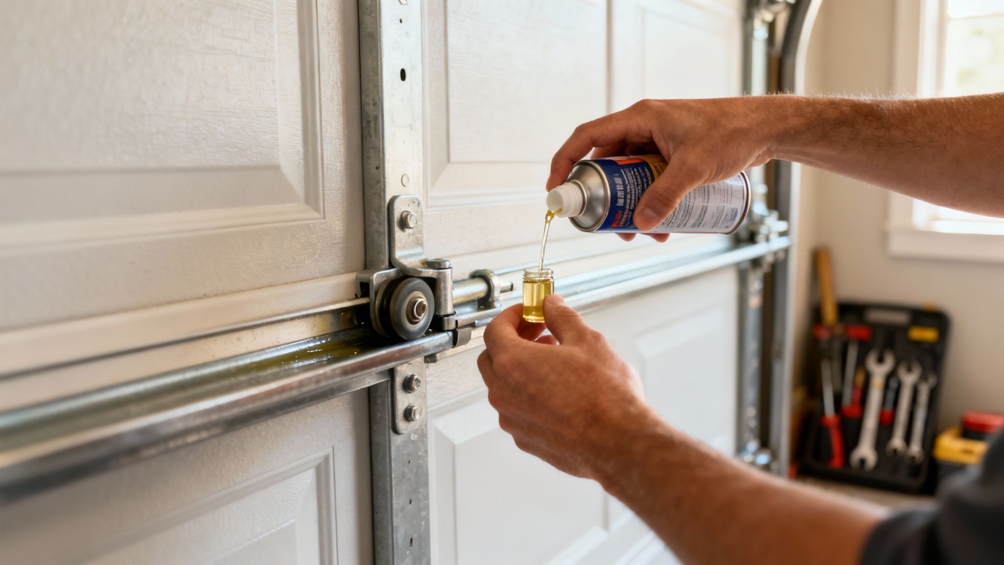 A person lubricating the hinges of a residential garage door with a spray lubricant.