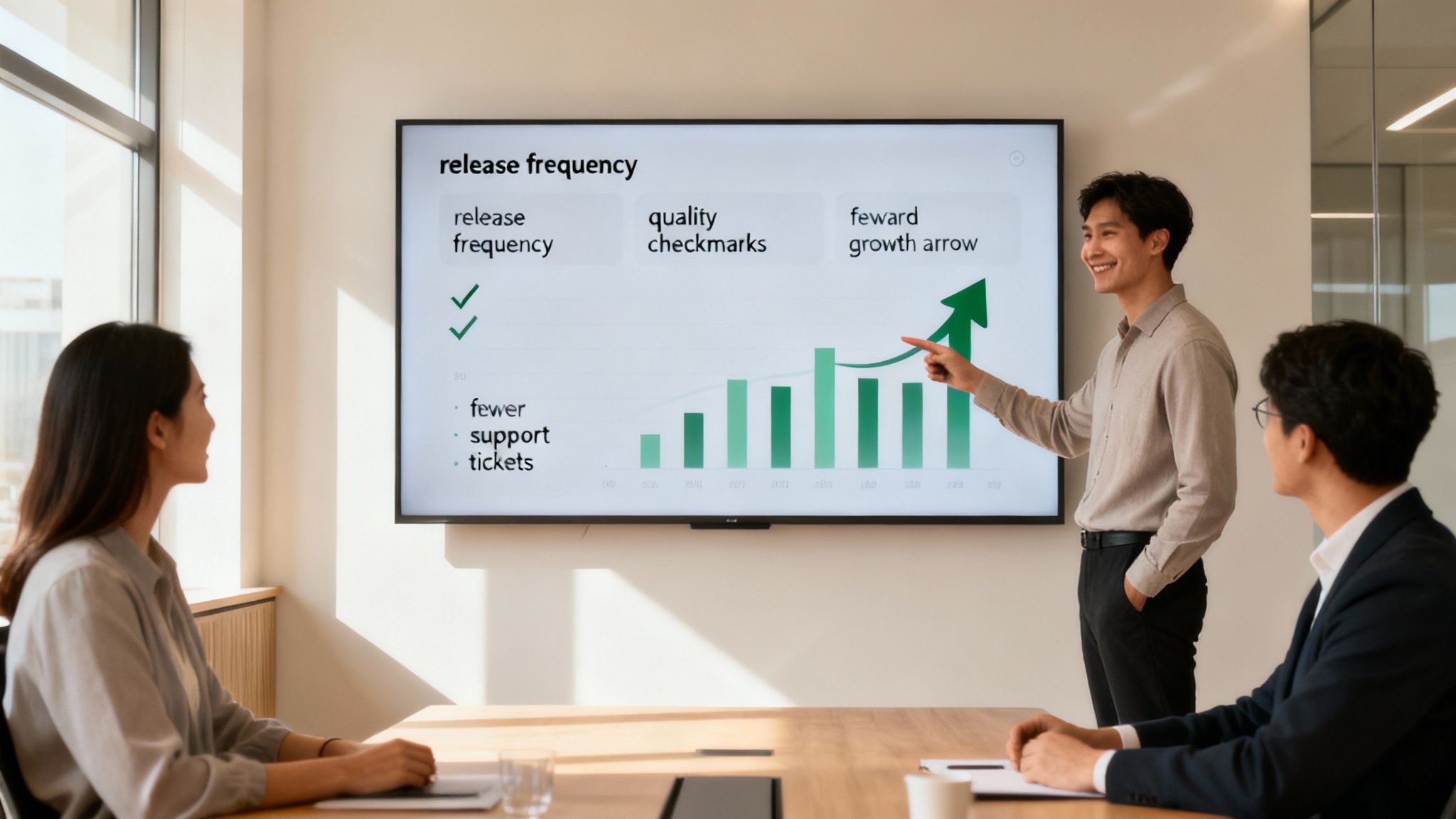 A smiling presenter points at a bar chart showing growth to two colleagues in a meeting.