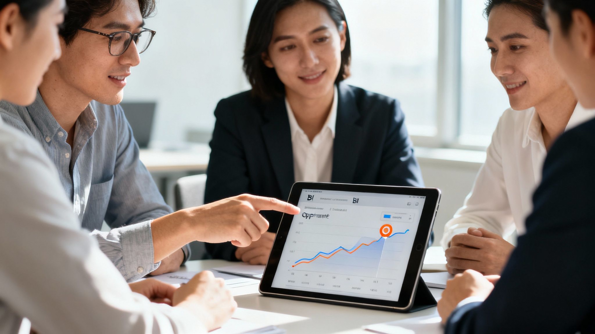 Colleagues collaborate, reviewing a business intelligence report with an upward trending graph on a tablet.