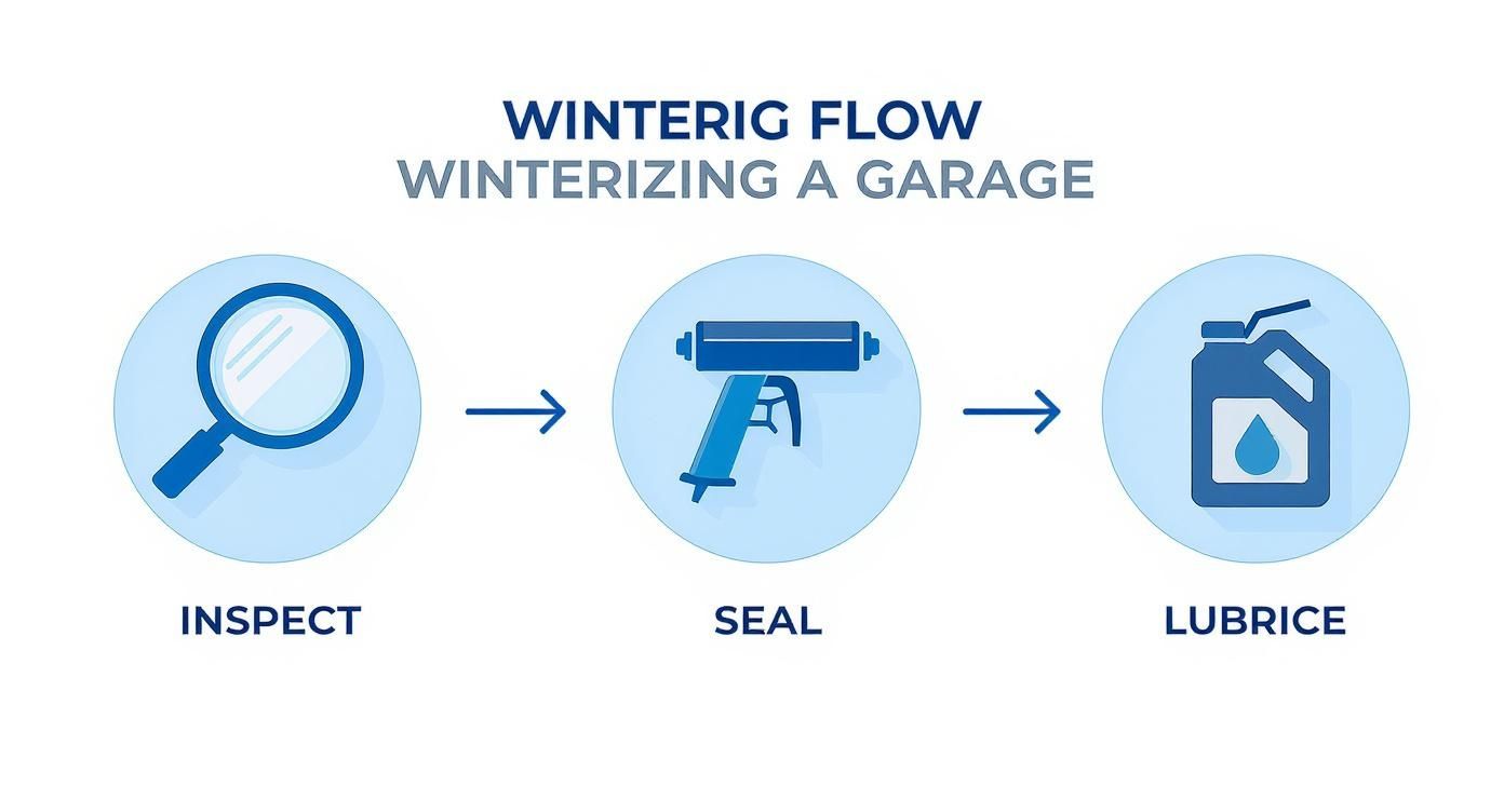 Three step winterization process showing inspection with magnifying glass, sealing with caulk gun, and lubricating garage door