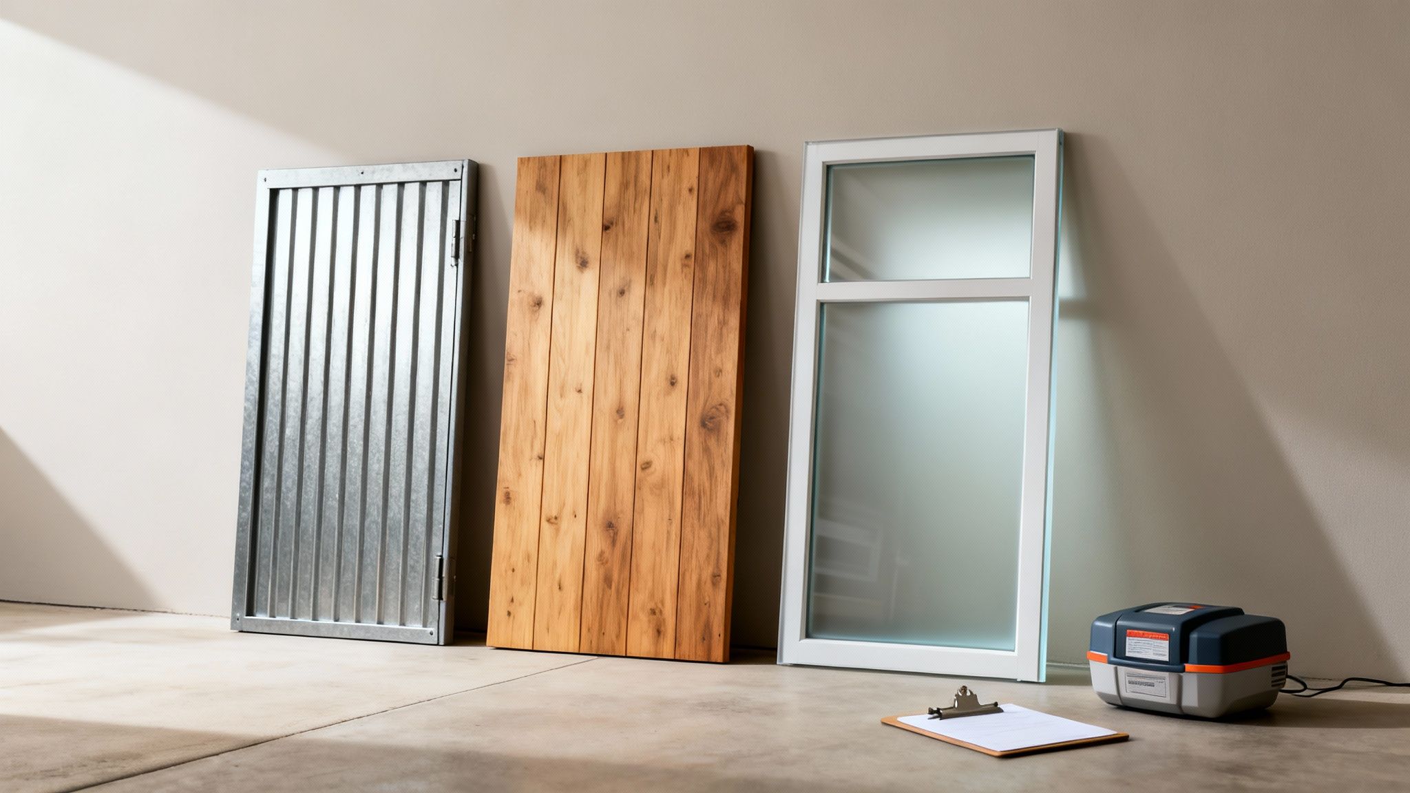 Three potential garage door options: corrugated metal, natural wood, and a frosted glass window panel.