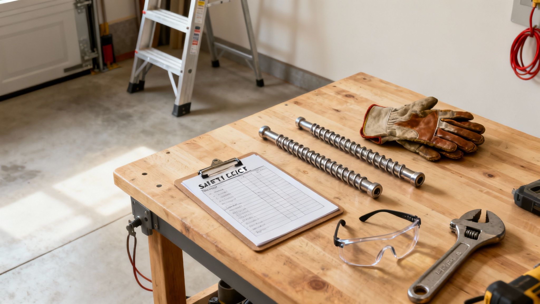 A collection of essential garage door repair tools laid out neatly on a clean surface.