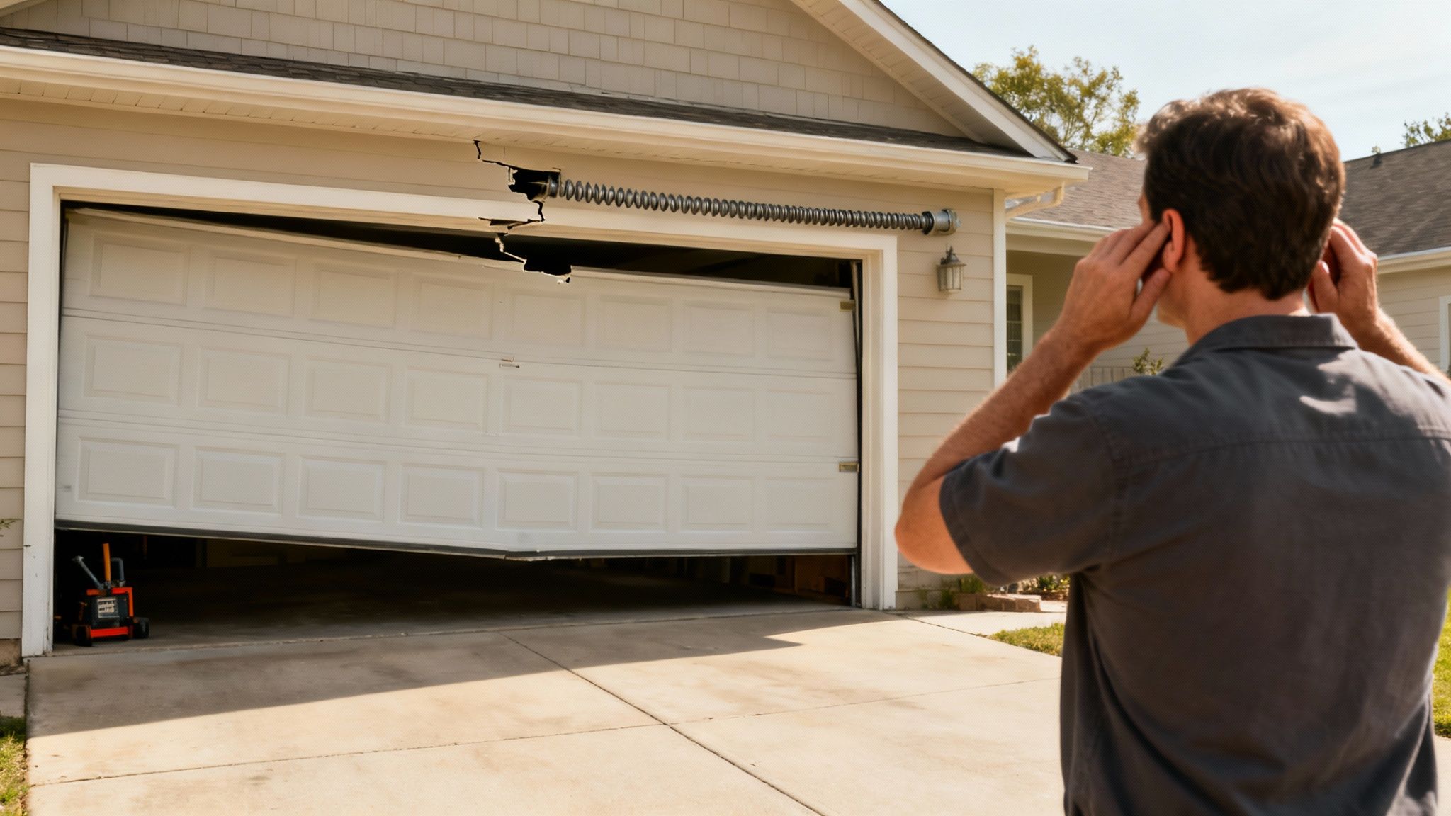 A man covers his ears, looking at his damaged garage door with a broken spring.