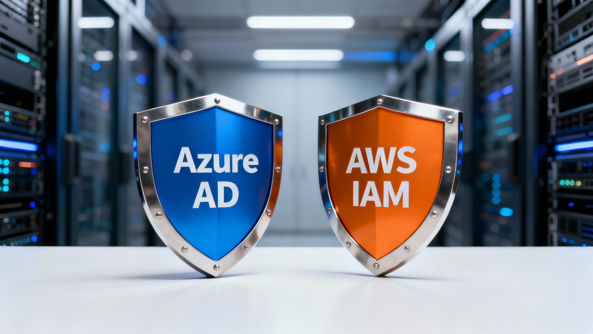 Two shields, blue 'Azure AD' and orange 'AWS IAM', representing cloud identity management in a data center.
