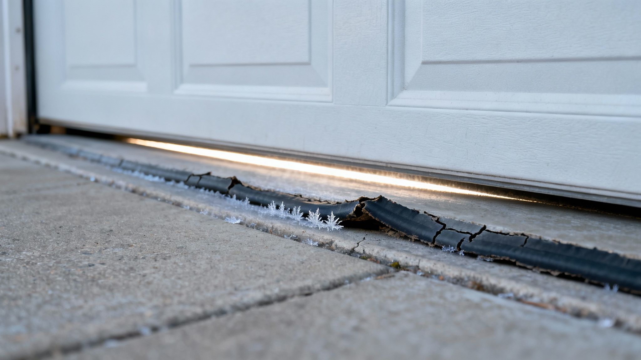 A damaged garage door seal with frost crystals and light shining through a gap under the door.