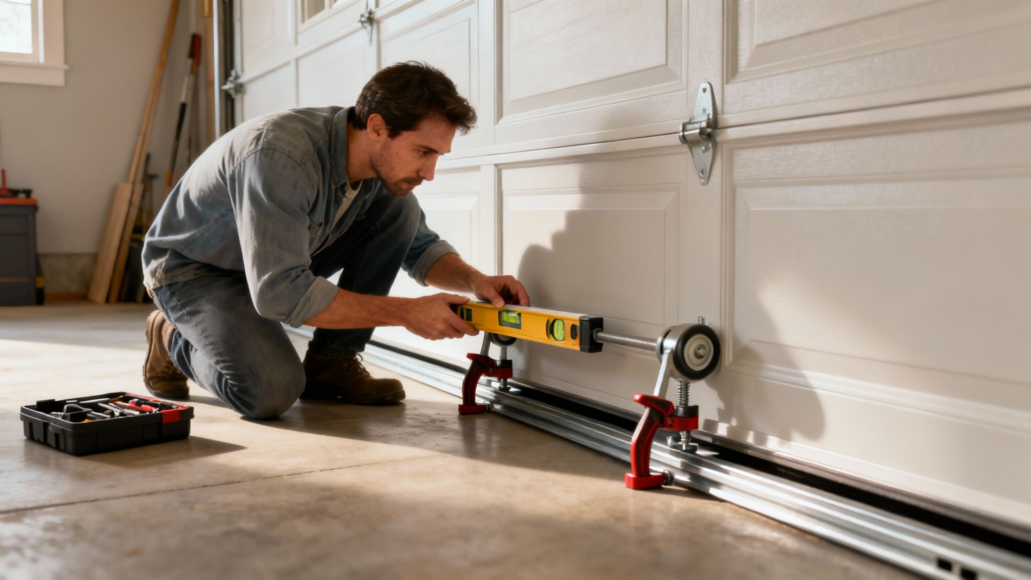 Man leveling a garage door track with a spirit level during installation or repair.