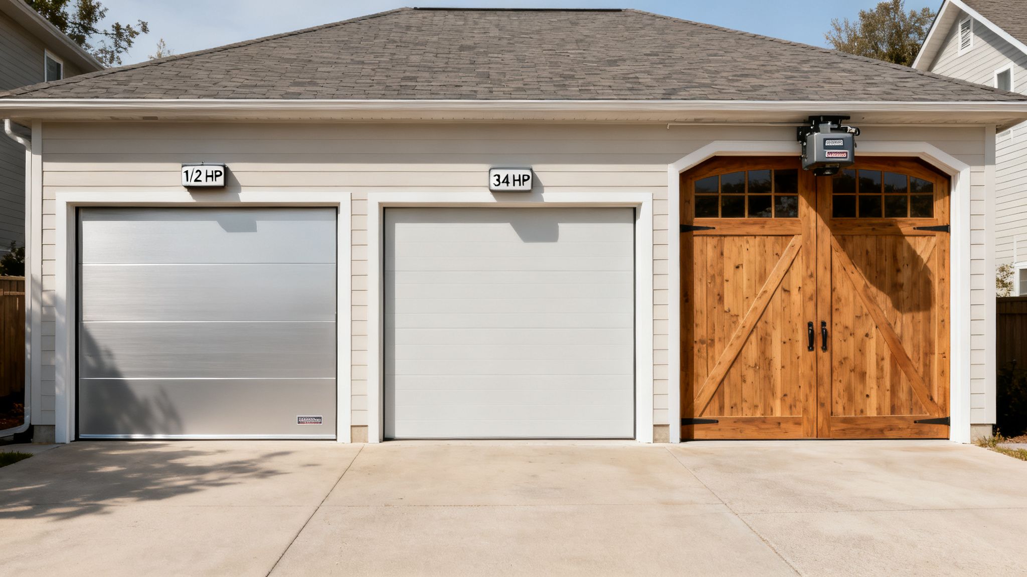 A three-car garage with silver, white, and wooden carriage style doors, showing opener power.