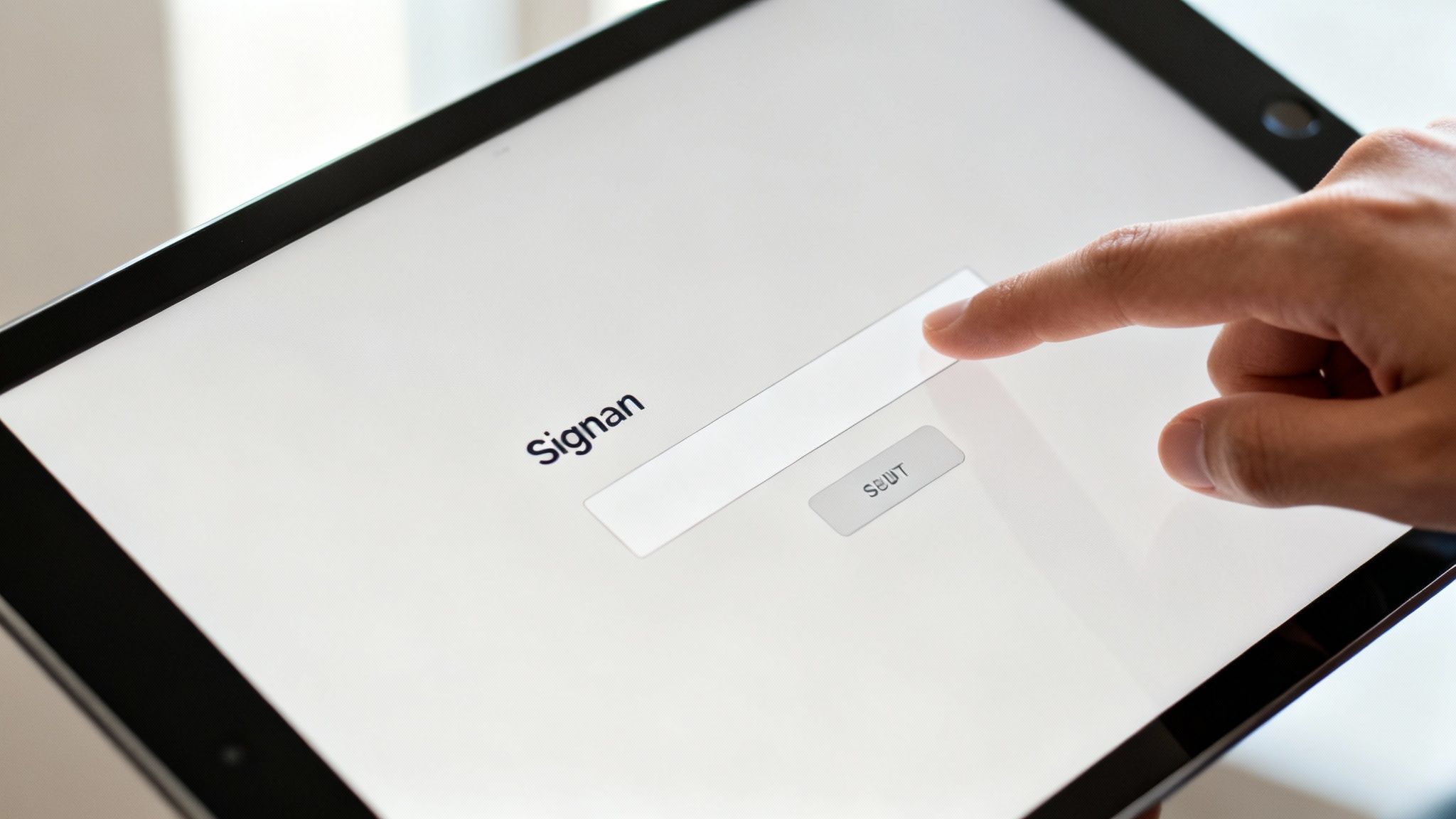 A person's hand interacts with a tablet screen showing a 'Signan' input field and a button.