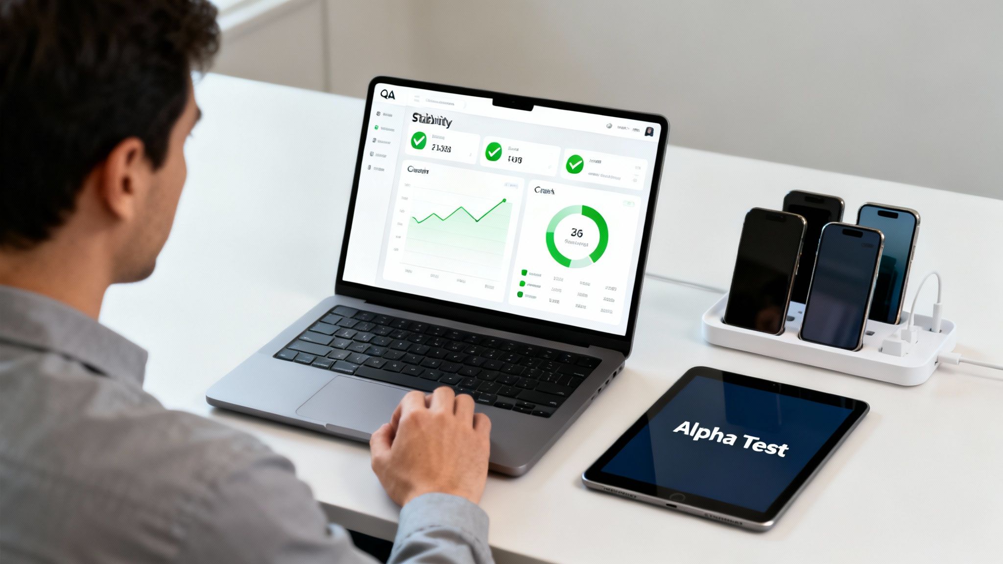 Man working on a laptop with a QA dashboard, surrounded by testing devices and a tablet showing 'Alpha Test'.