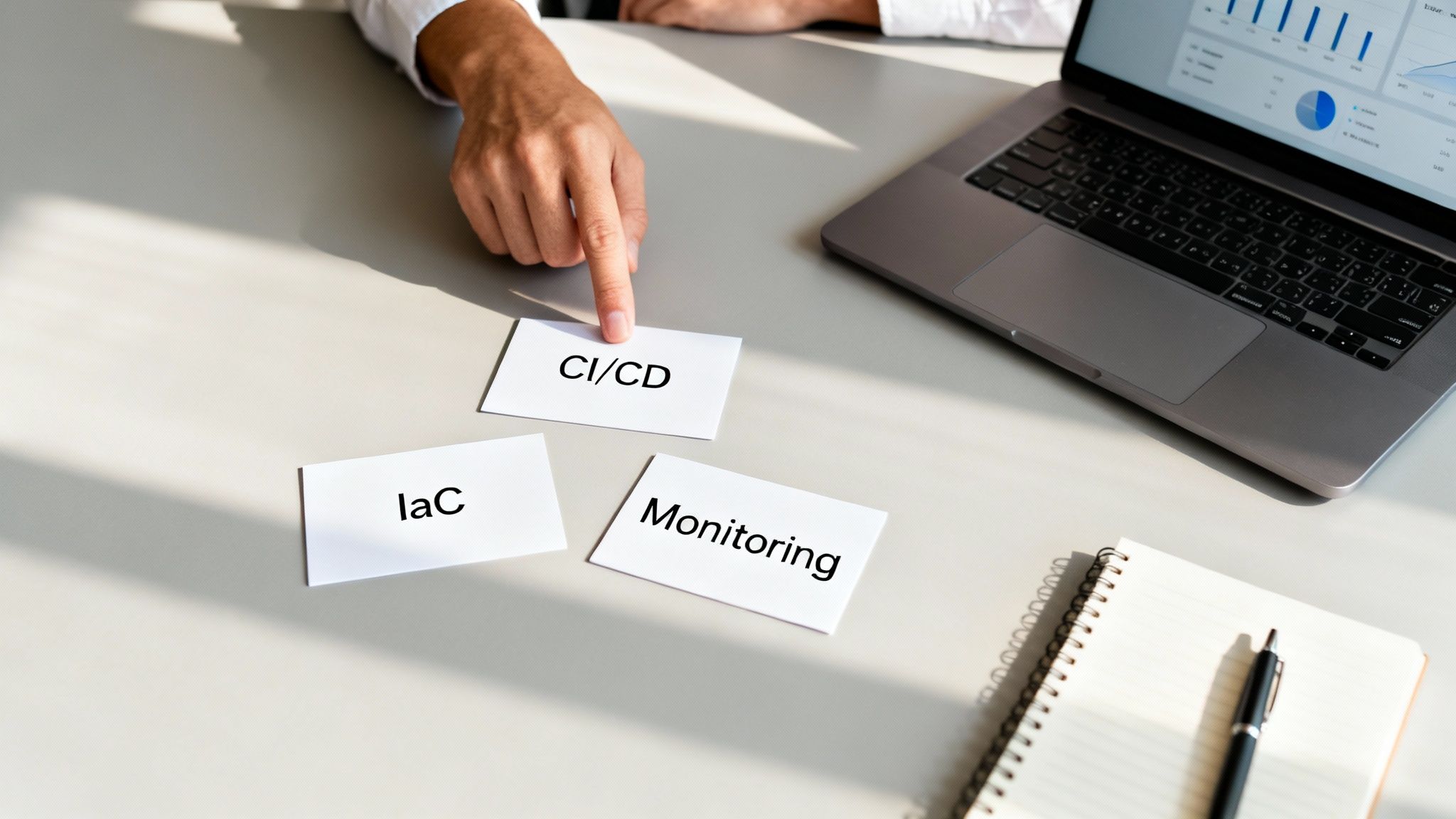 A hand points to a 'CI/CD' card, with 'IaC' and 'Monitoring' cards, a laptop, and a notebook on a desk.