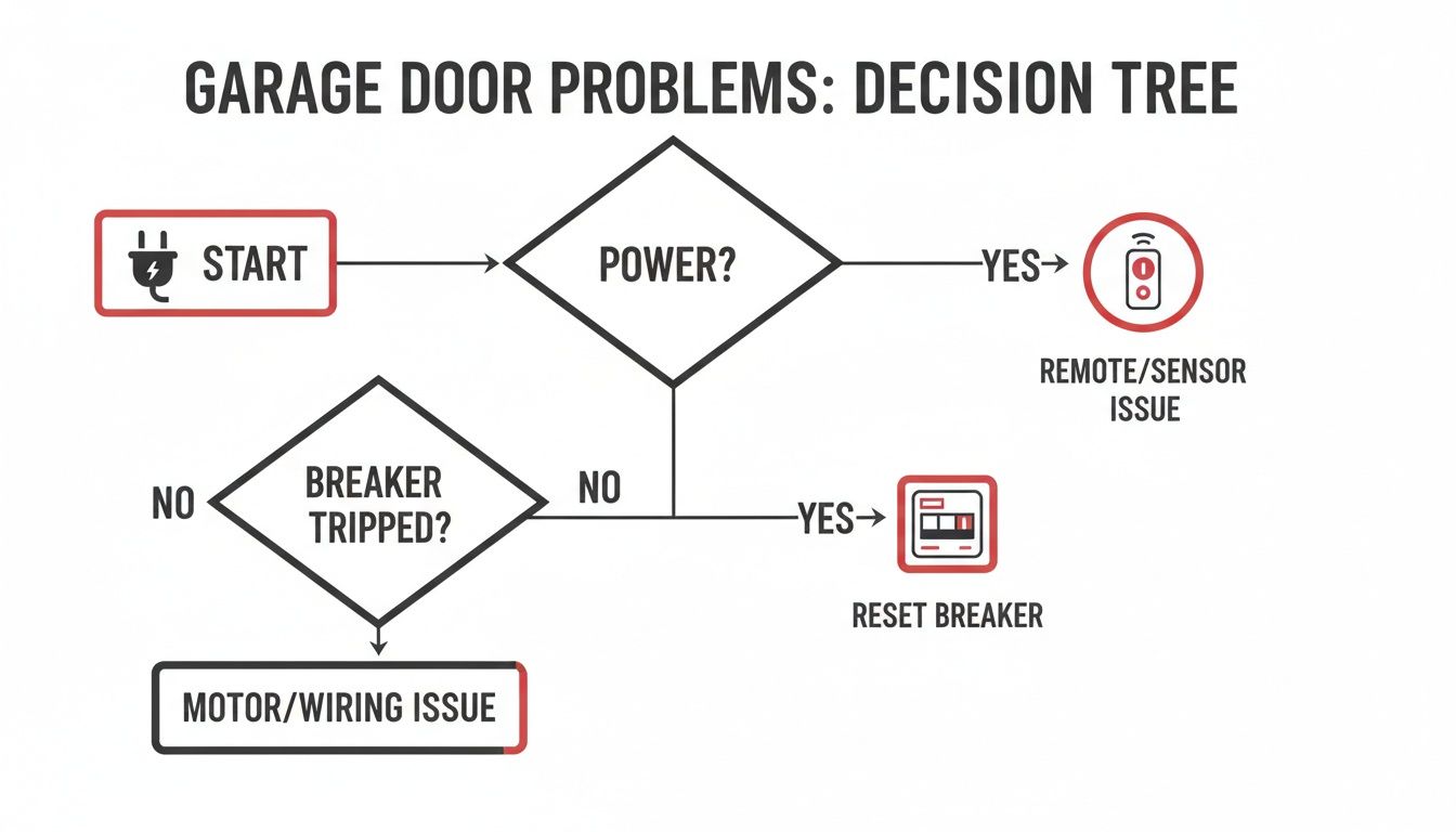Decision tree flowchart for troubleshooting common garage door opener power and operational issues.