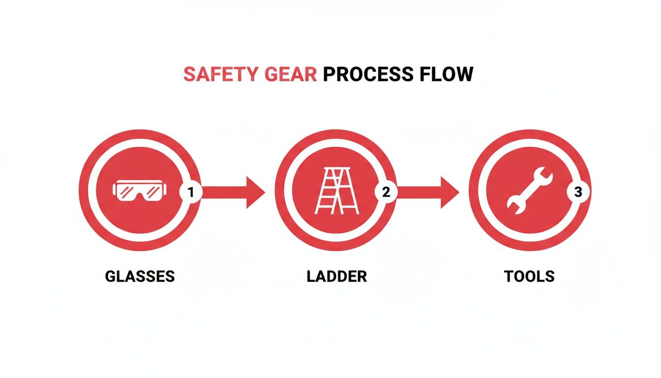 A safety gear process flow diagram illustrating three steps: glasses, ladder, and tools.