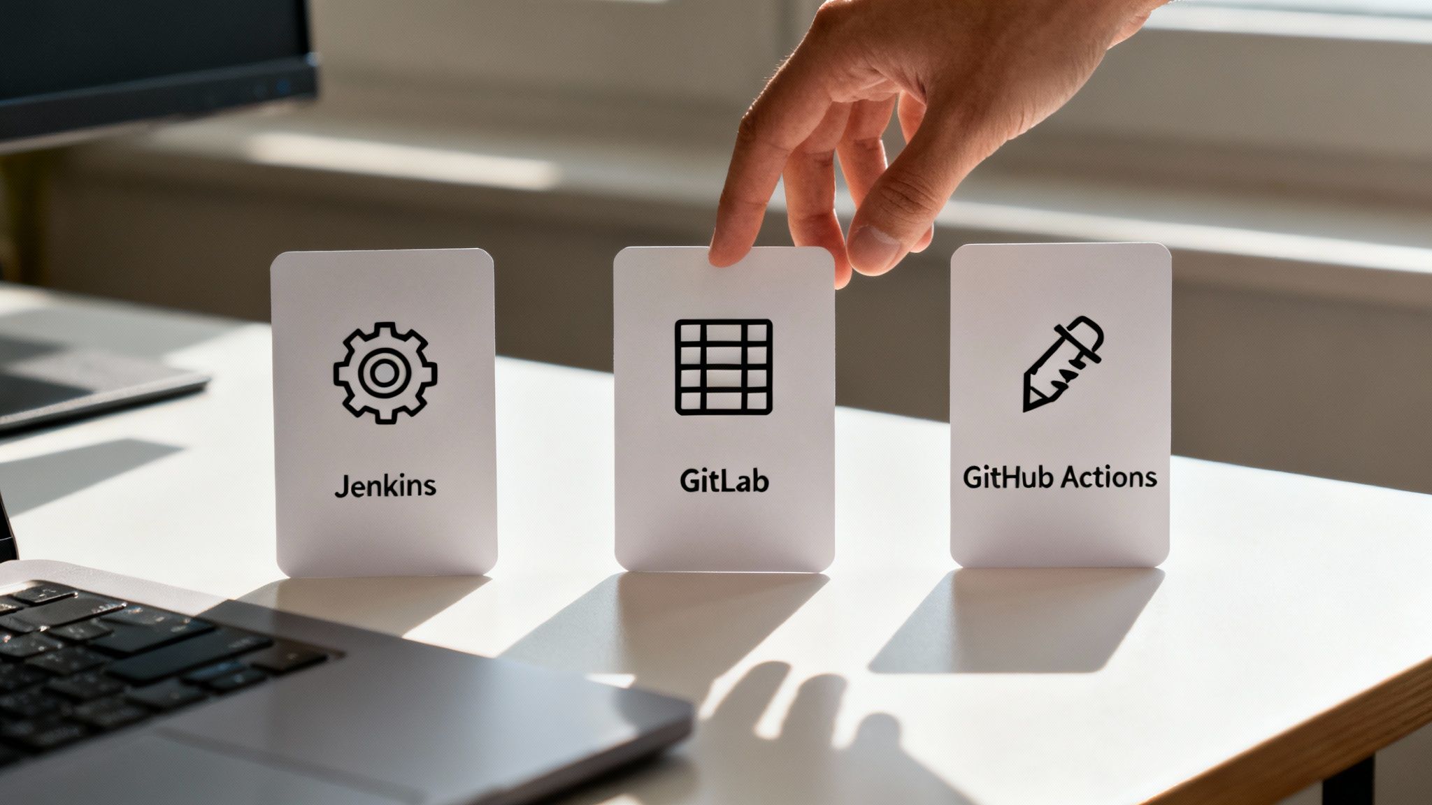 A hand selects a GitLab card among Jenkins and GitHub Actions cards, representing DevOps tools.