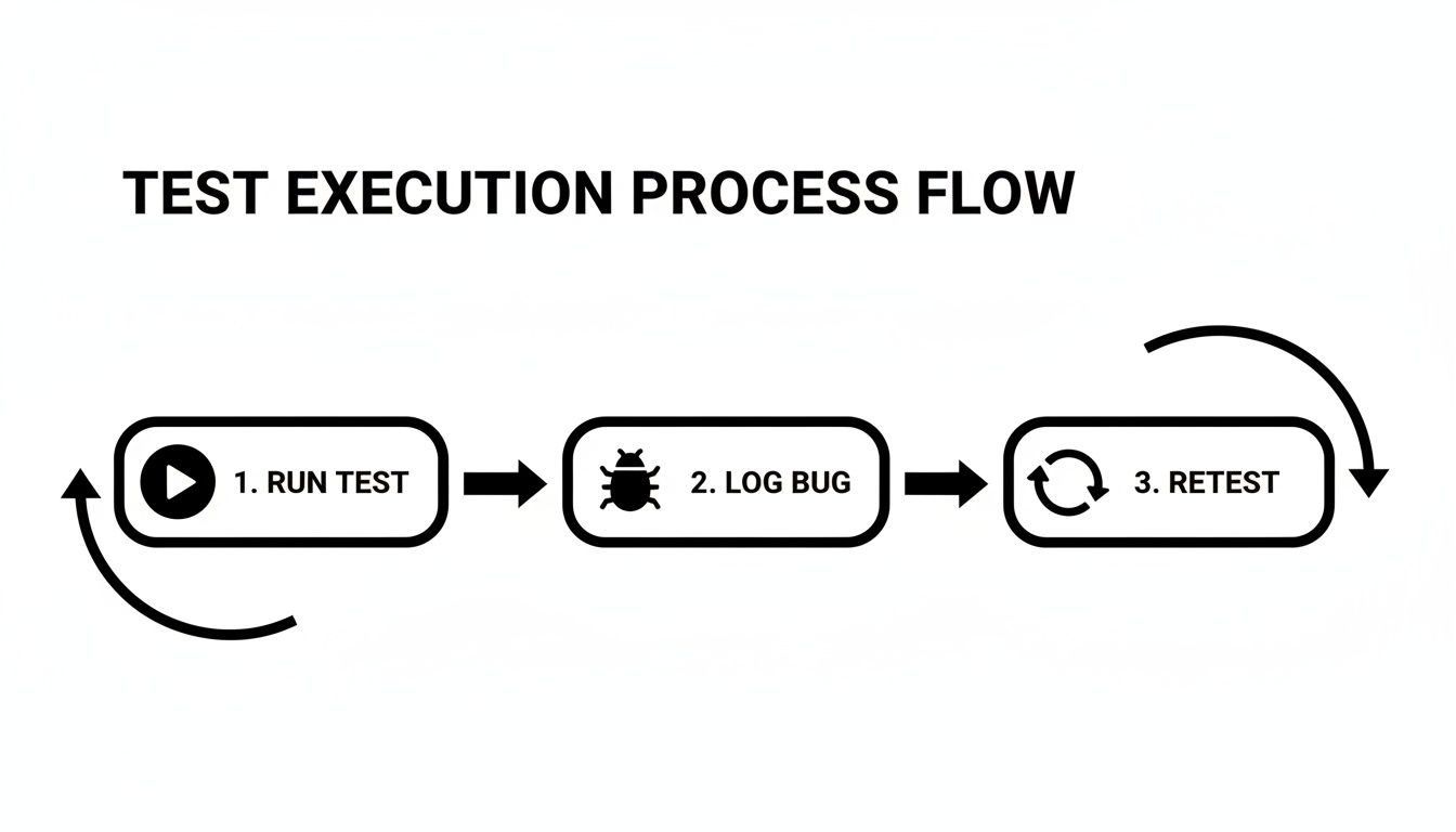 Diagram showing the test execution process flow: Run Test, Log Bug, Retest, with iterative cycles.
