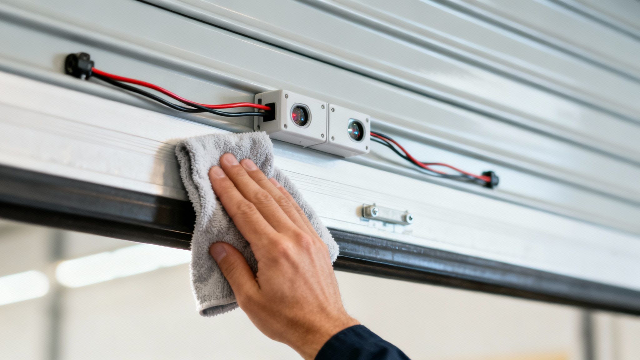 A close-up view of a commercial roll up door motor and its electrical components.