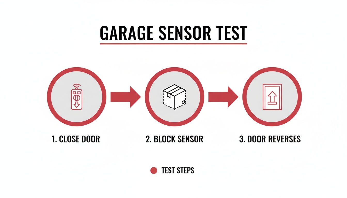 Diagram illustrating three steps to test garage door sensors for safety, including closing, blocking, and reversing.