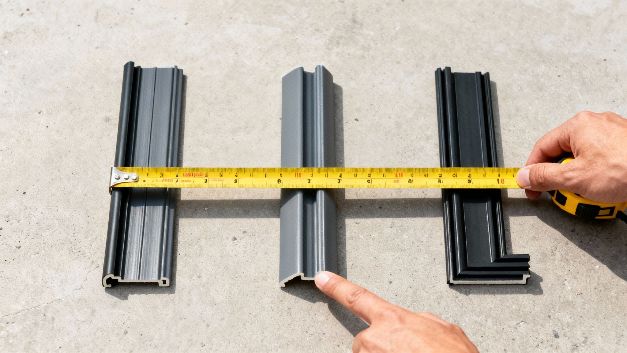 Three different profiles of garage door weather seals are measured on a concrete surface.
