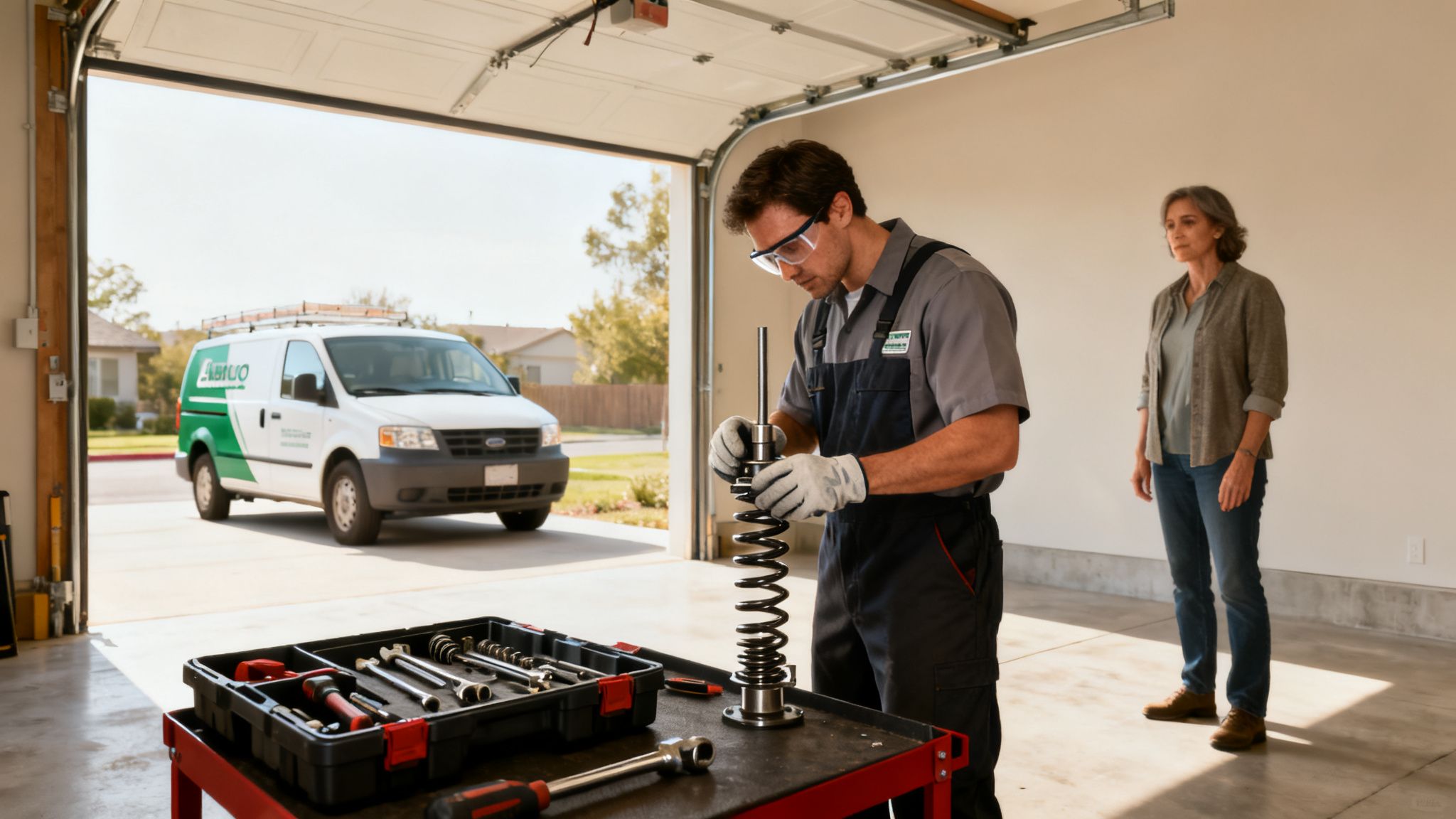 A technician in safety glasses assembles a garage door spring, observed by a woman, with a service van nearby.