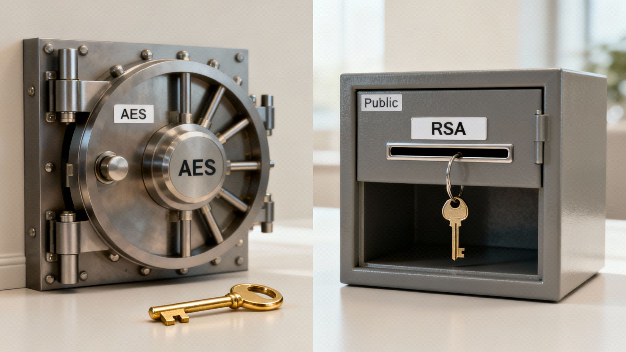 Visual comparison of AES symmetric encryption with a single key and RSA public-key encryption with a public key.