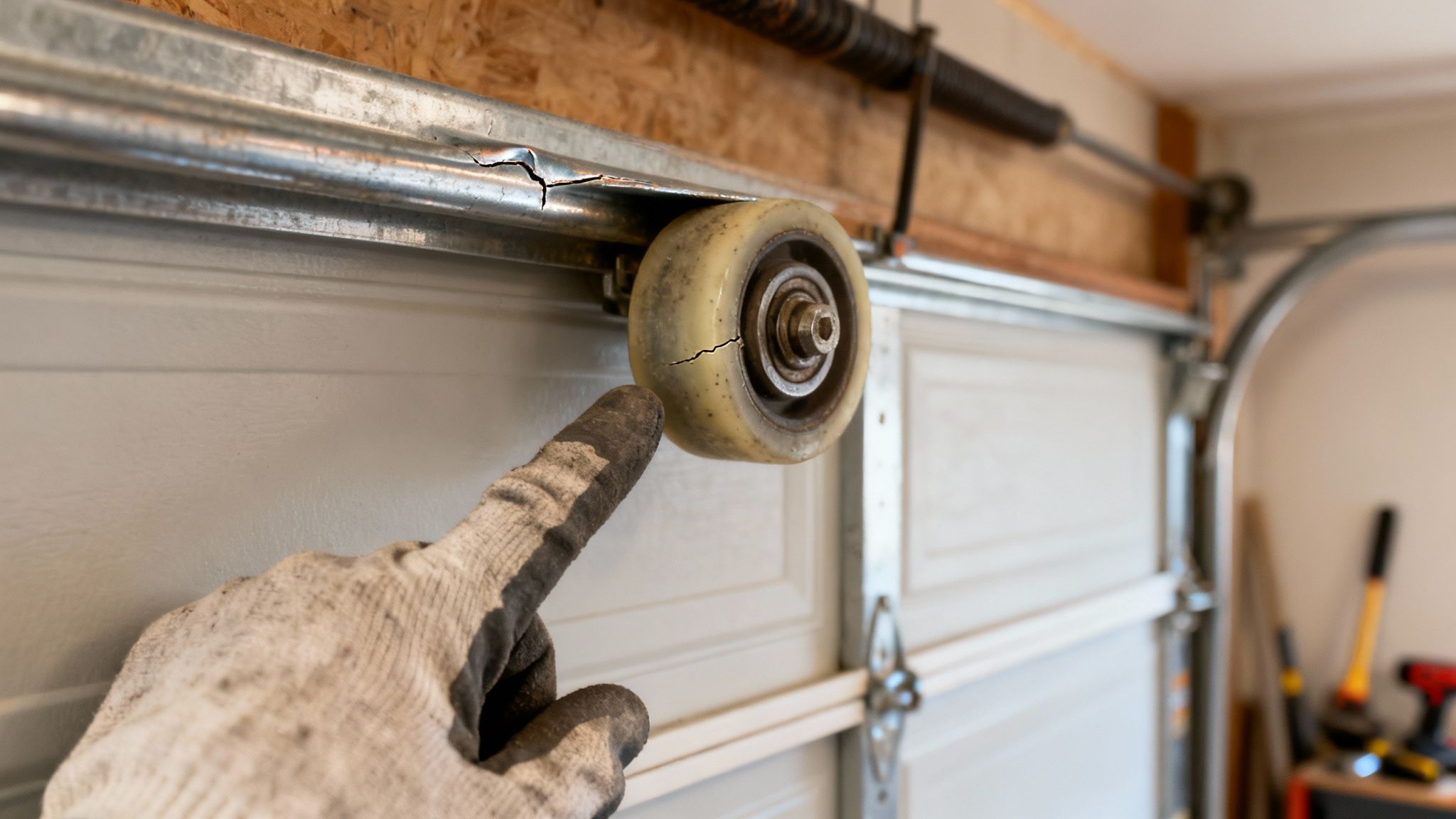 Close-up of a worker pointing at a severely cracked garage door roller and track needing repair.