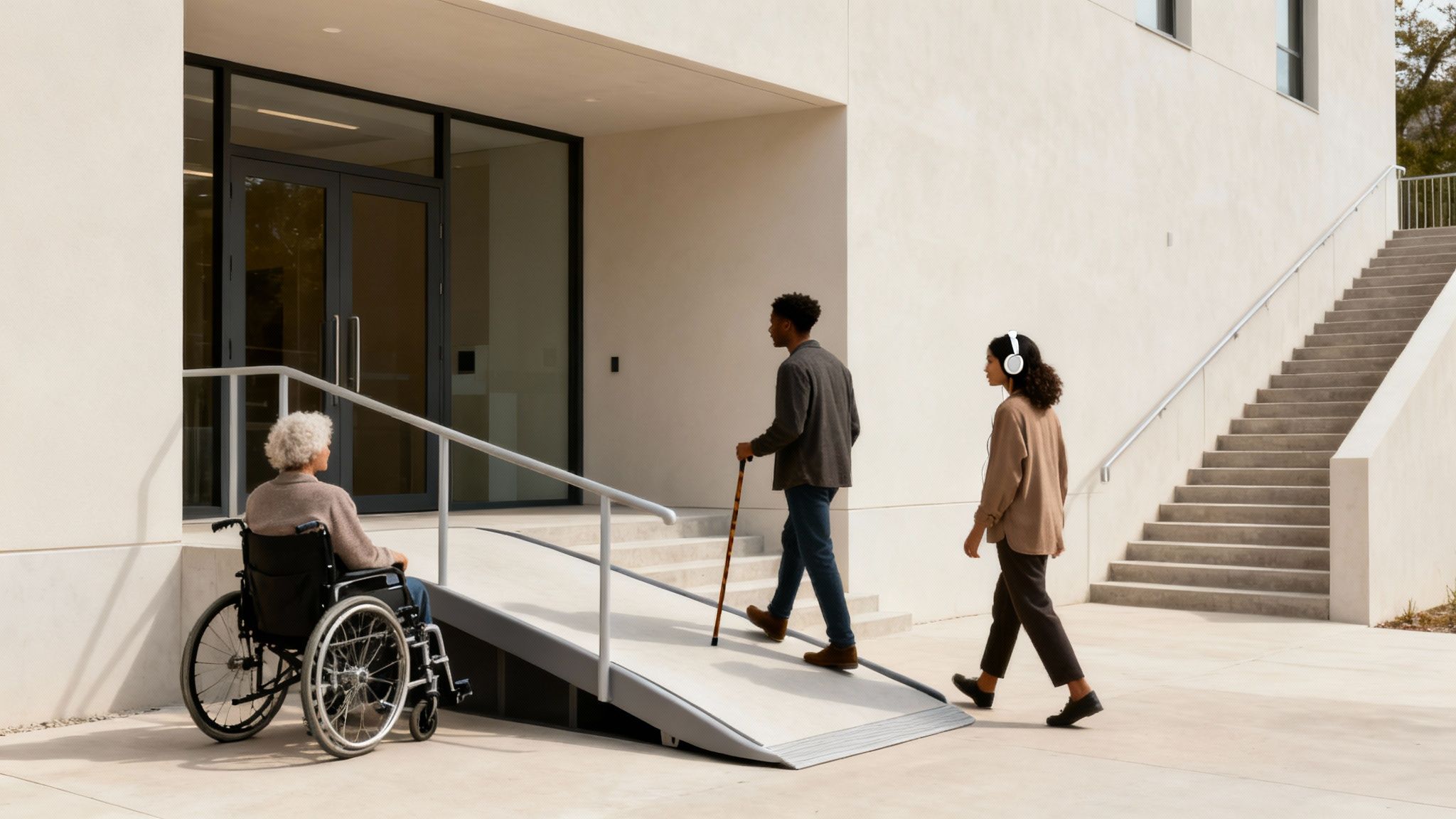 Diverse individuals use a wheelchair ramp and stairs to access a modern building.