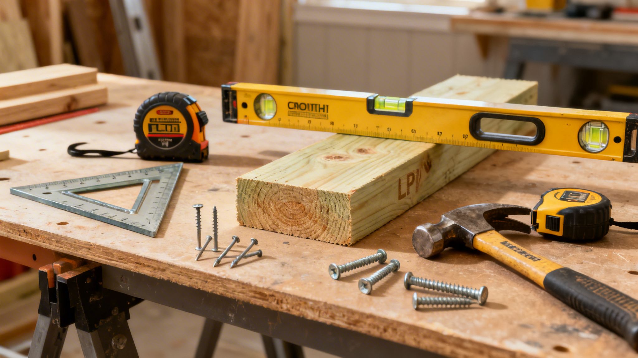 Essential woodworking and framing tools including a level, hammer, tape measure, and screws on a workbench.